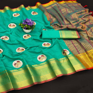 Green Casual Wear Woven Chanderi Silk Saree - Peachmode