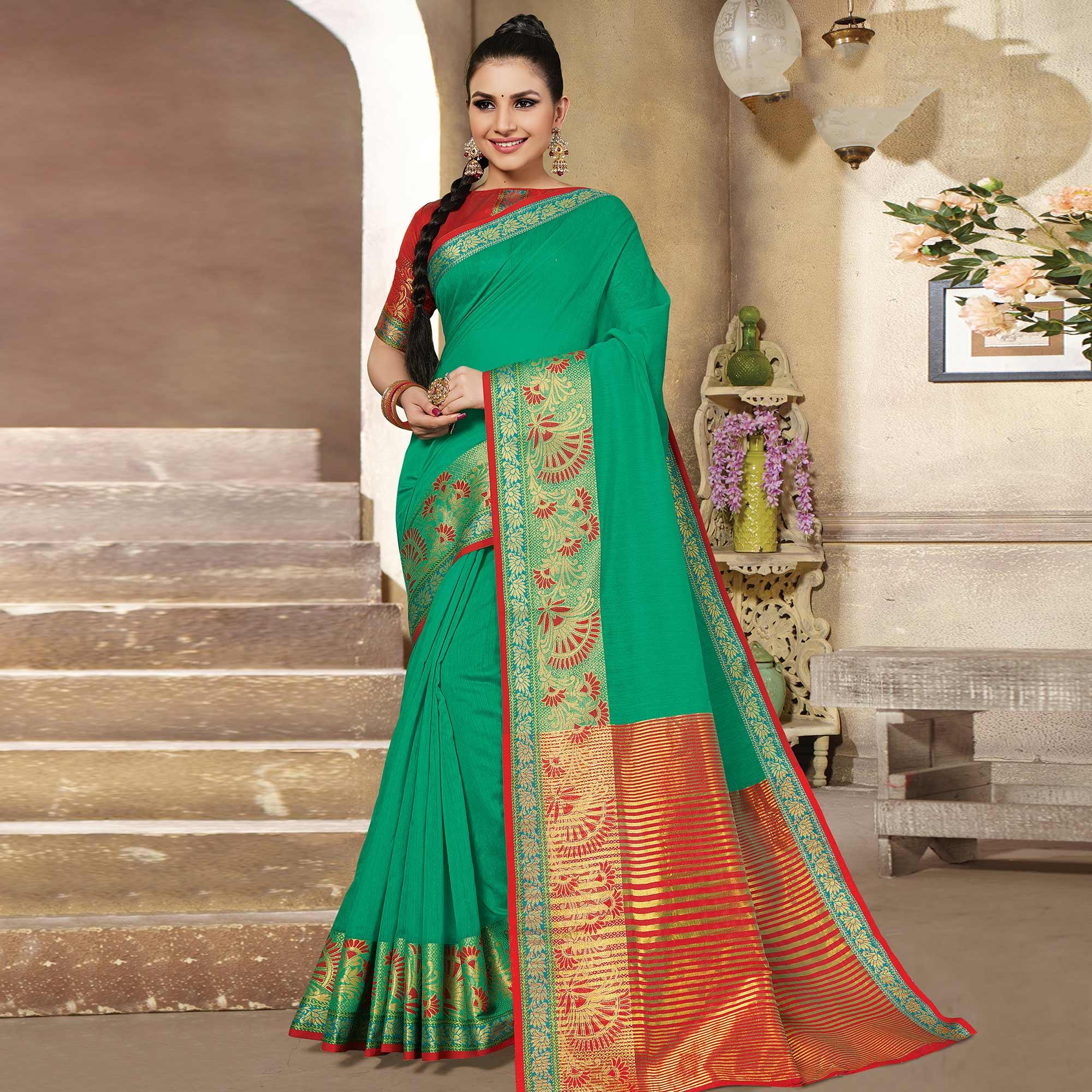 Green Casual Wear Woven Cotton Handloom Saree - Peachmode