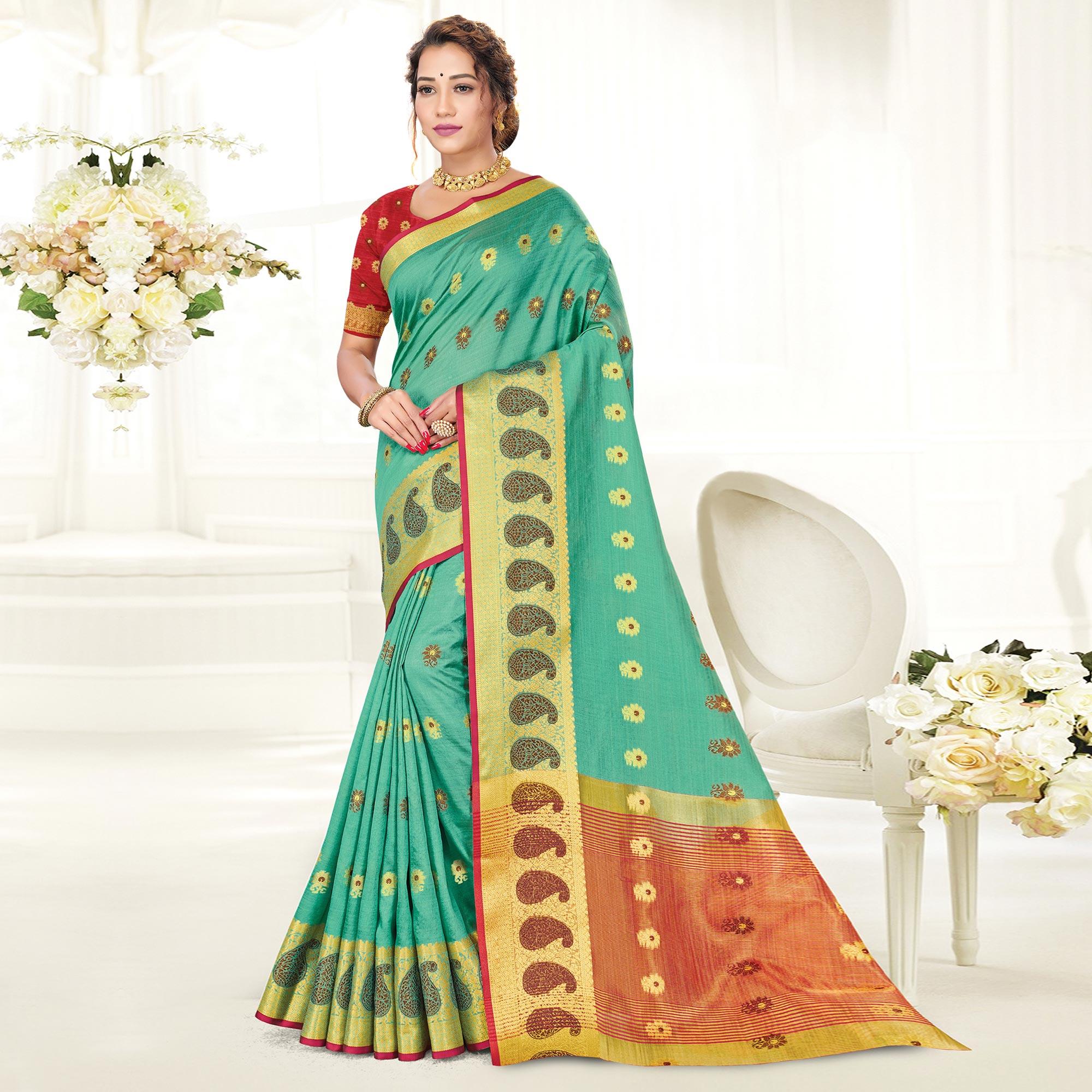 Green Casual Wear Woven Cotton Handloom Saree - Peachmode