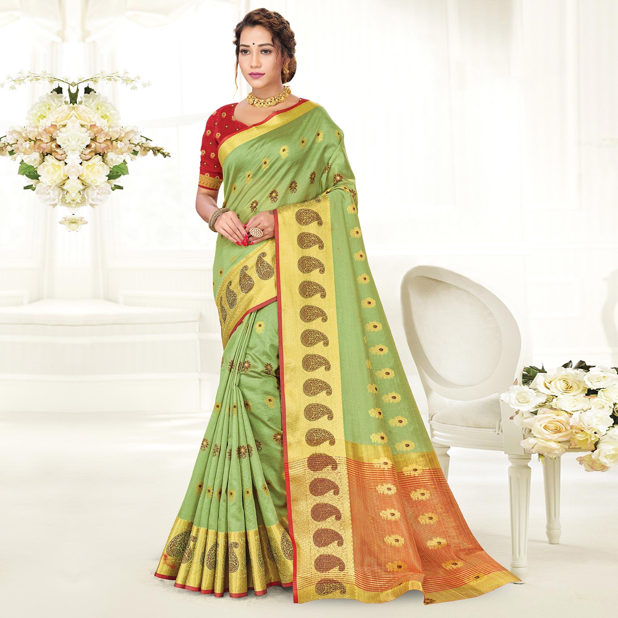 Green Casual Wear Woven Cotton Handloom Saree - Peachmode