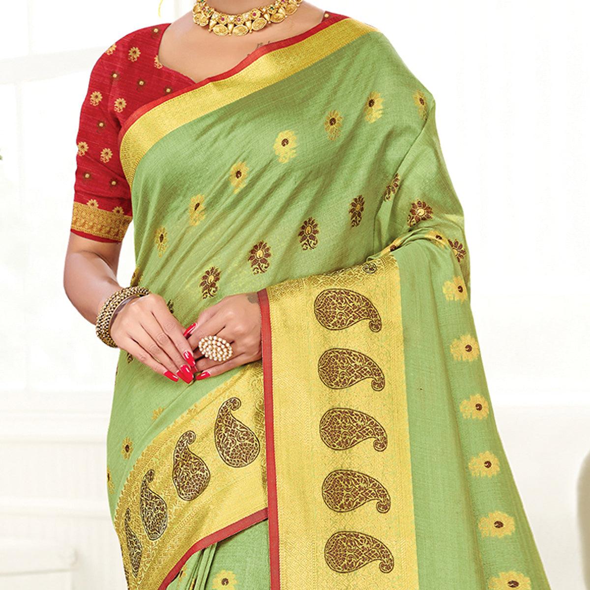 Green Casual Wear Woven Cotton Handloom Saree - Peachmode
