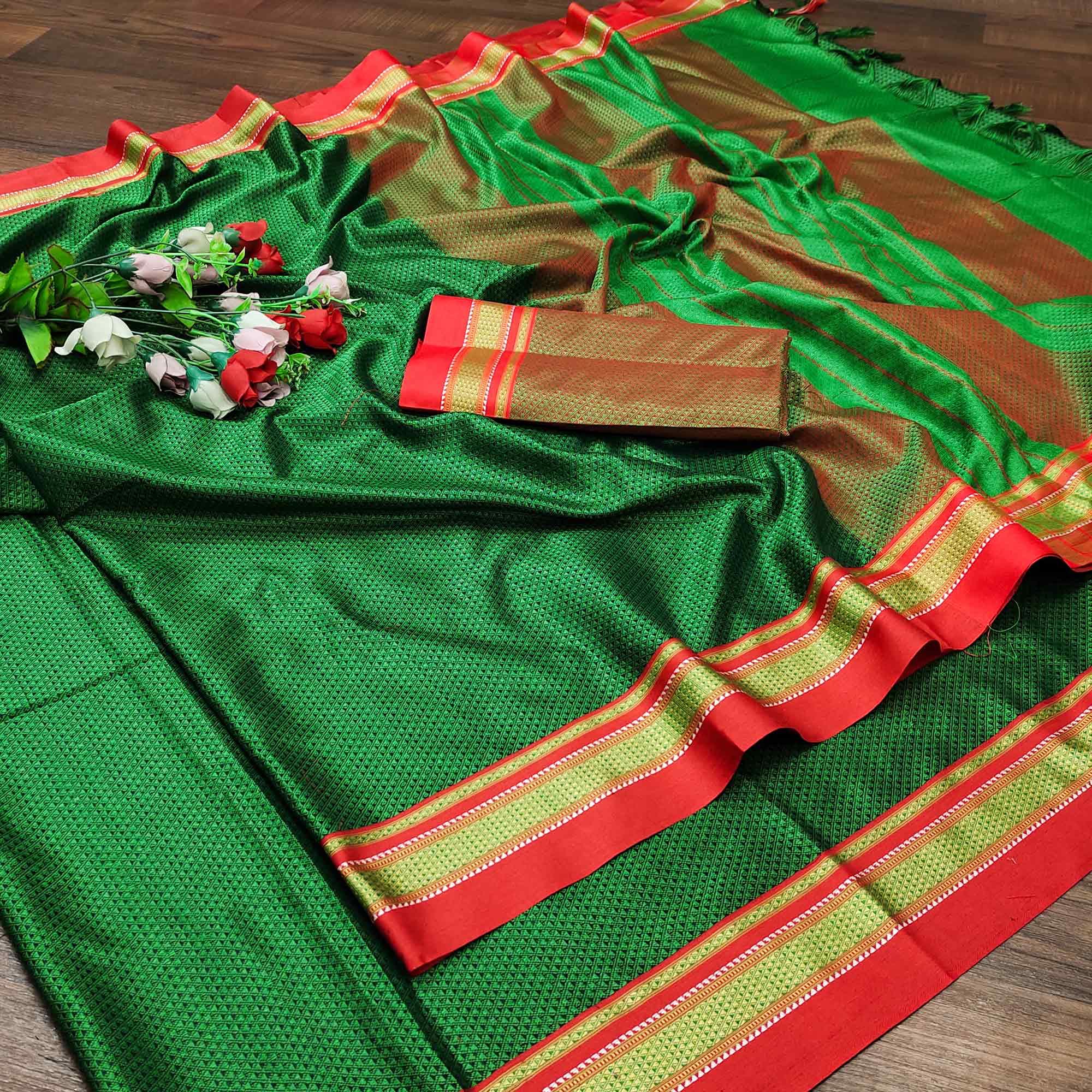 Green Casual Wear Woven Designer Khan Art Silk Saree - Peachmode