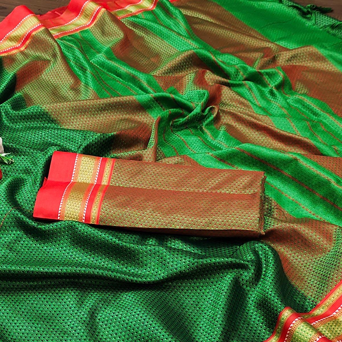 Green Casual Wear Woven Designer Khan Art Silk Saree - Peachmode