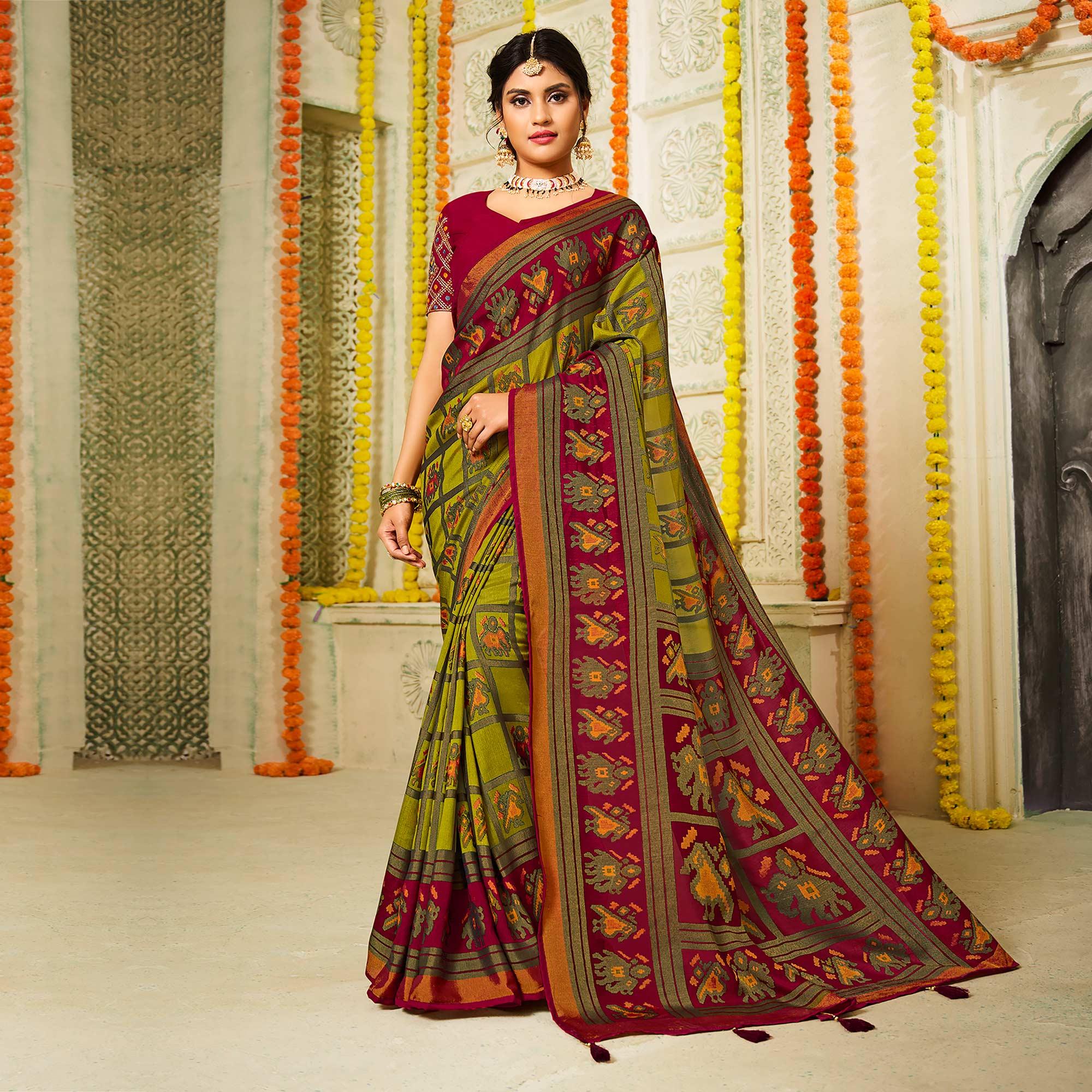 Green Checks Printed Brasso Saree With Tassels - Peachmode