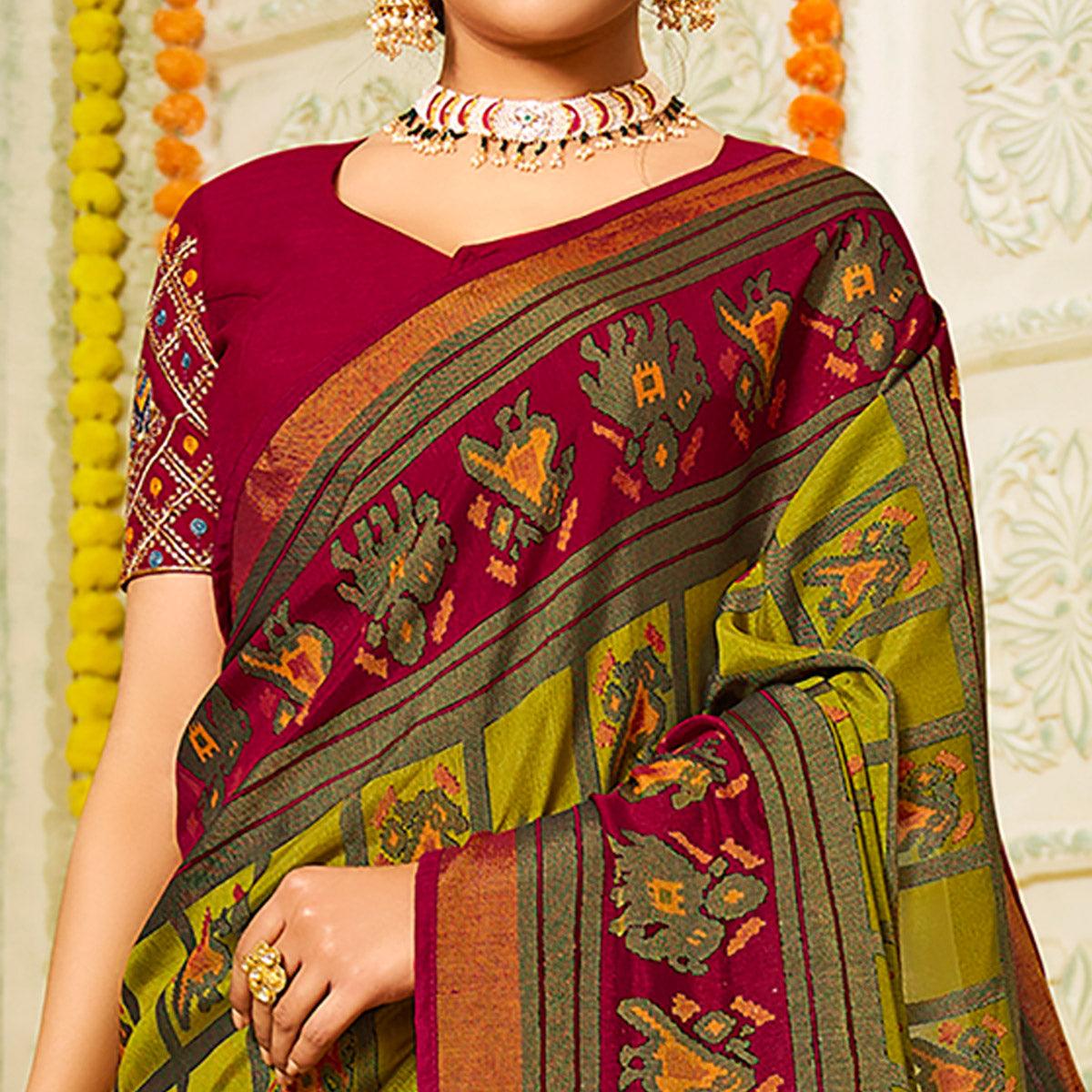 Green Checks Printed Brasso Saree With Tassels - Peachmode