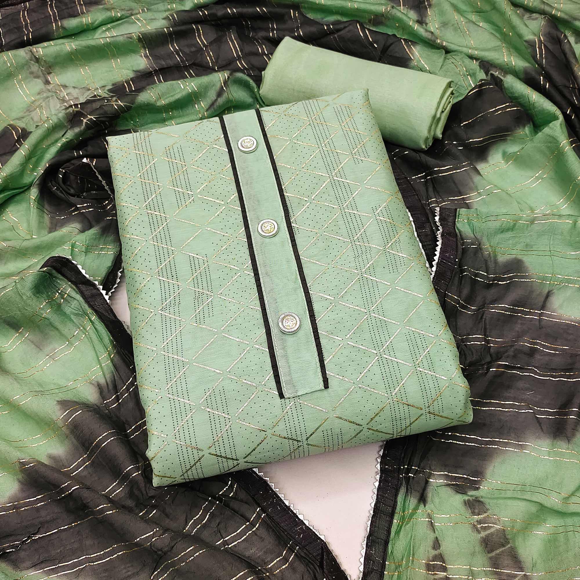 Green Checks Printed Chanderi Dress Material - Peachmode