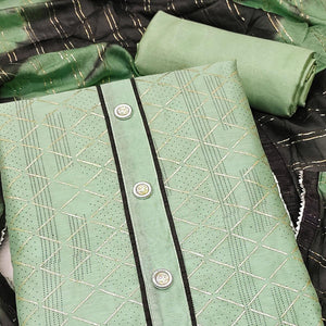 Green Checks Printed Chanderi Dress Material - Peachmode
