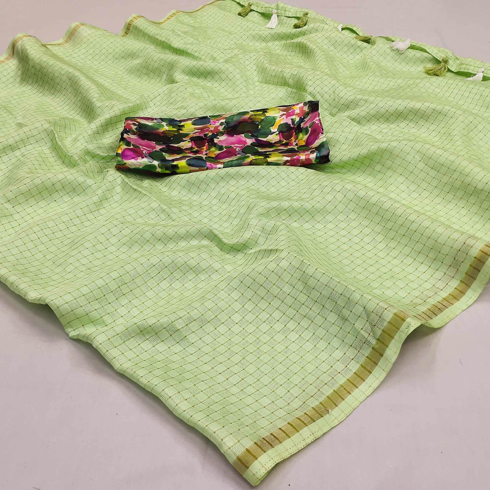 Green Checks Printed Jute Saree - Peachmode