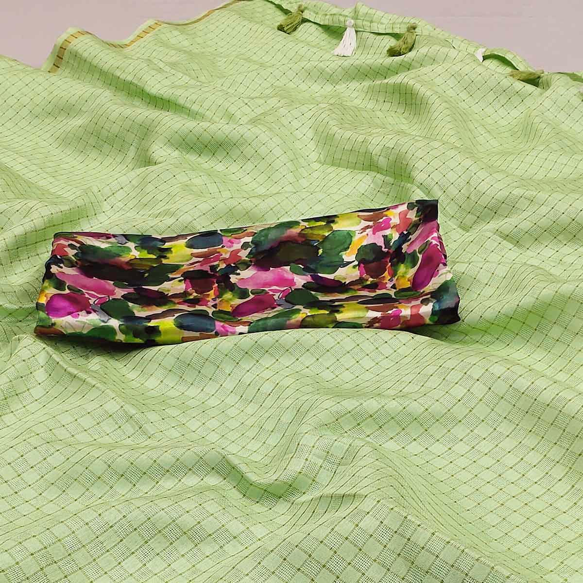 Green Checks Printed Jute Saree - Peachmode