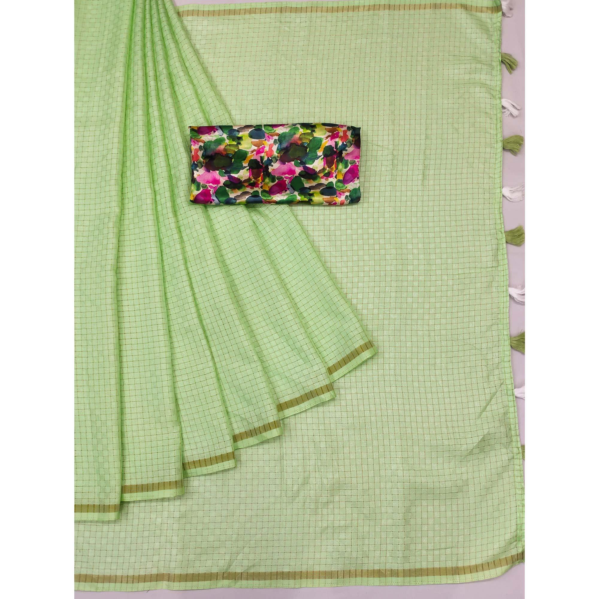 Green Checks Printed Jute Saree - Peachmode