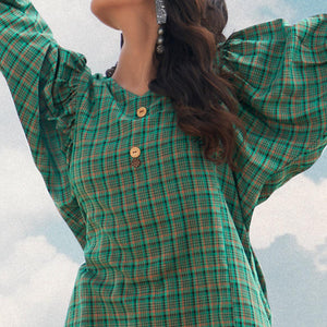 Green Checks Printed Poly Cotton Top Bottom Set - Peachmode