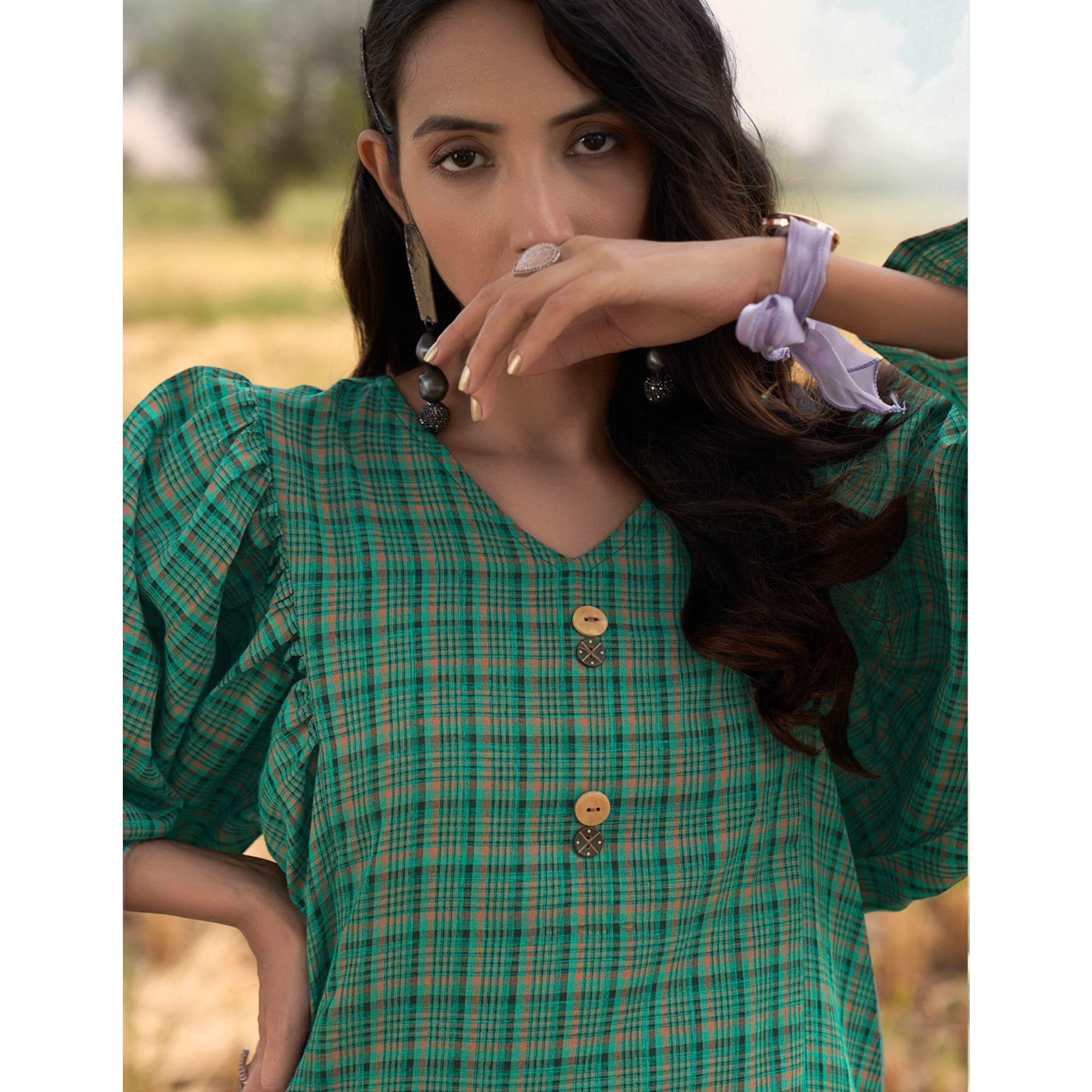 Green Checks Printed Poly Cotton Top Bottom Set - Peachmode