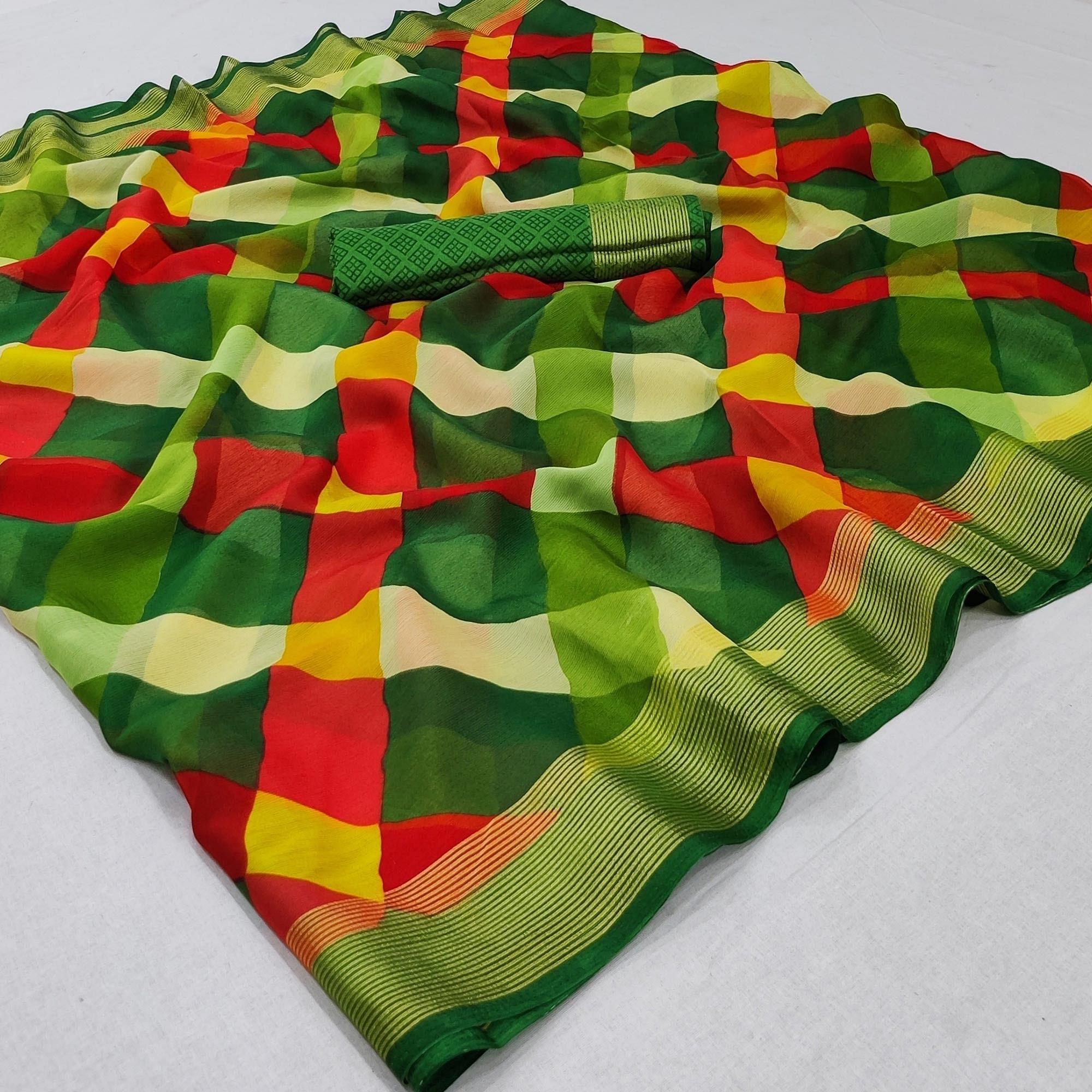 Green Cheks Printed Chiffon Saree - Peachmode