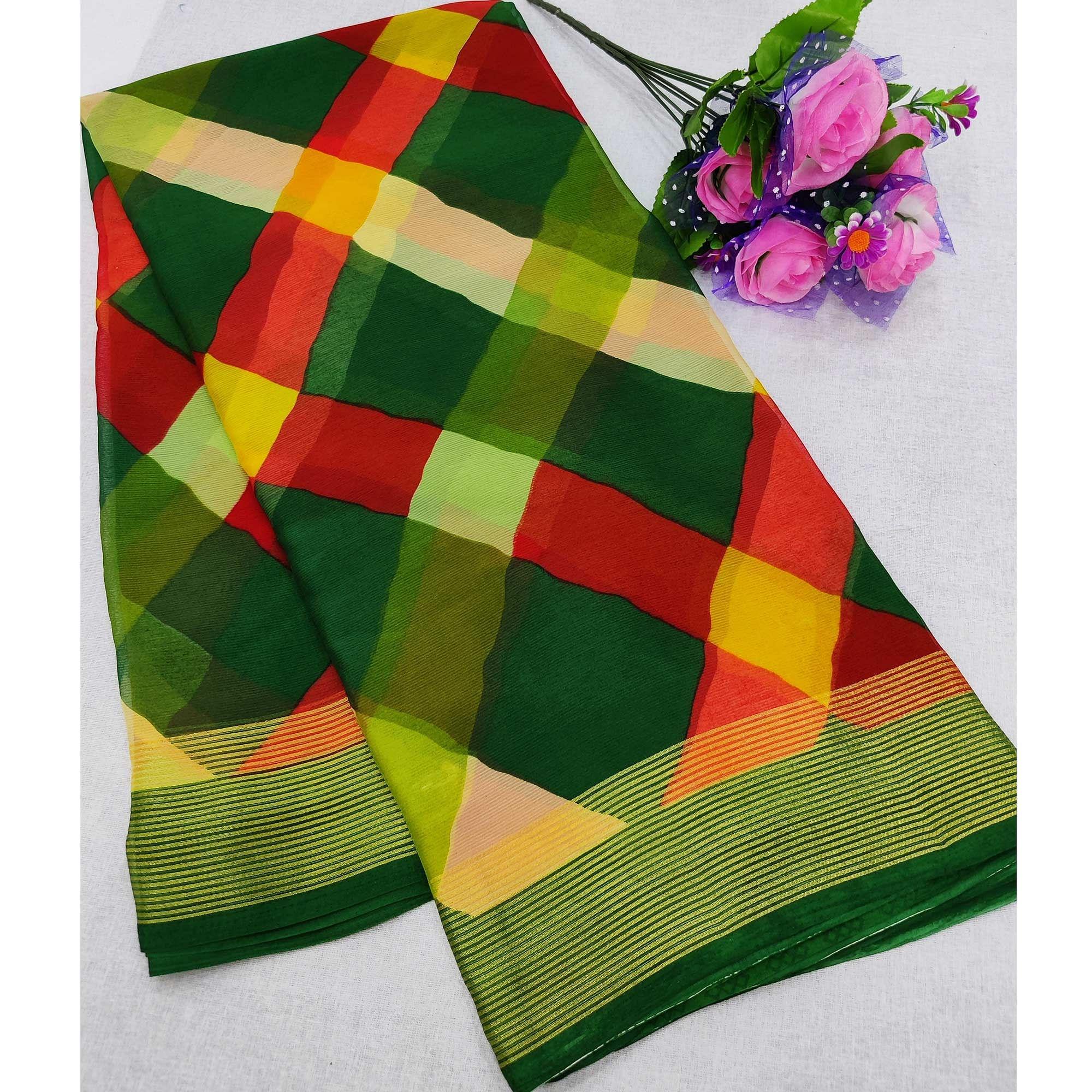 Green Cheks Printed Chiffon Saree - Peachmode