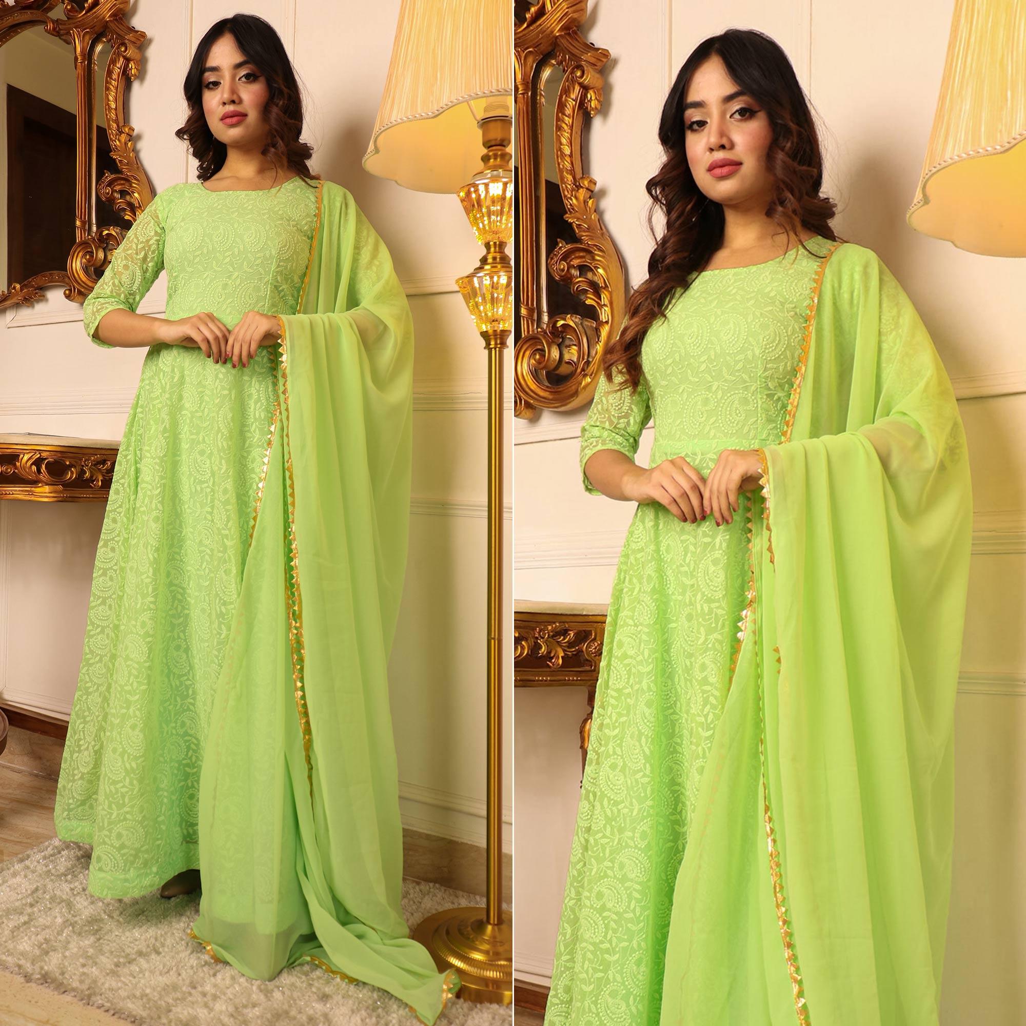 Green Chikankari Work Georgette Gown With Dupatta - Peachmode