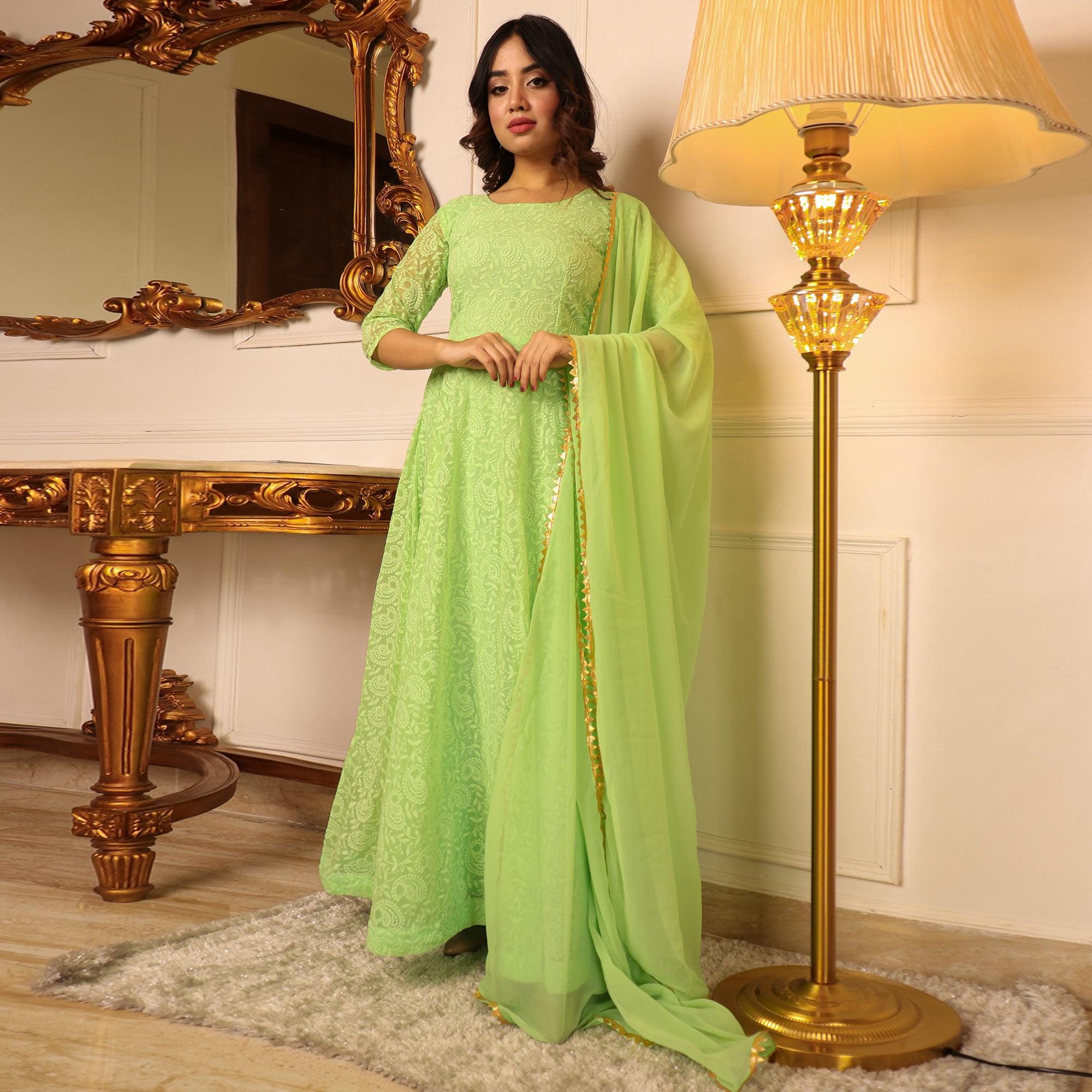 Green Chikankari Work Georgette Gown With Dupatta - Peachmode