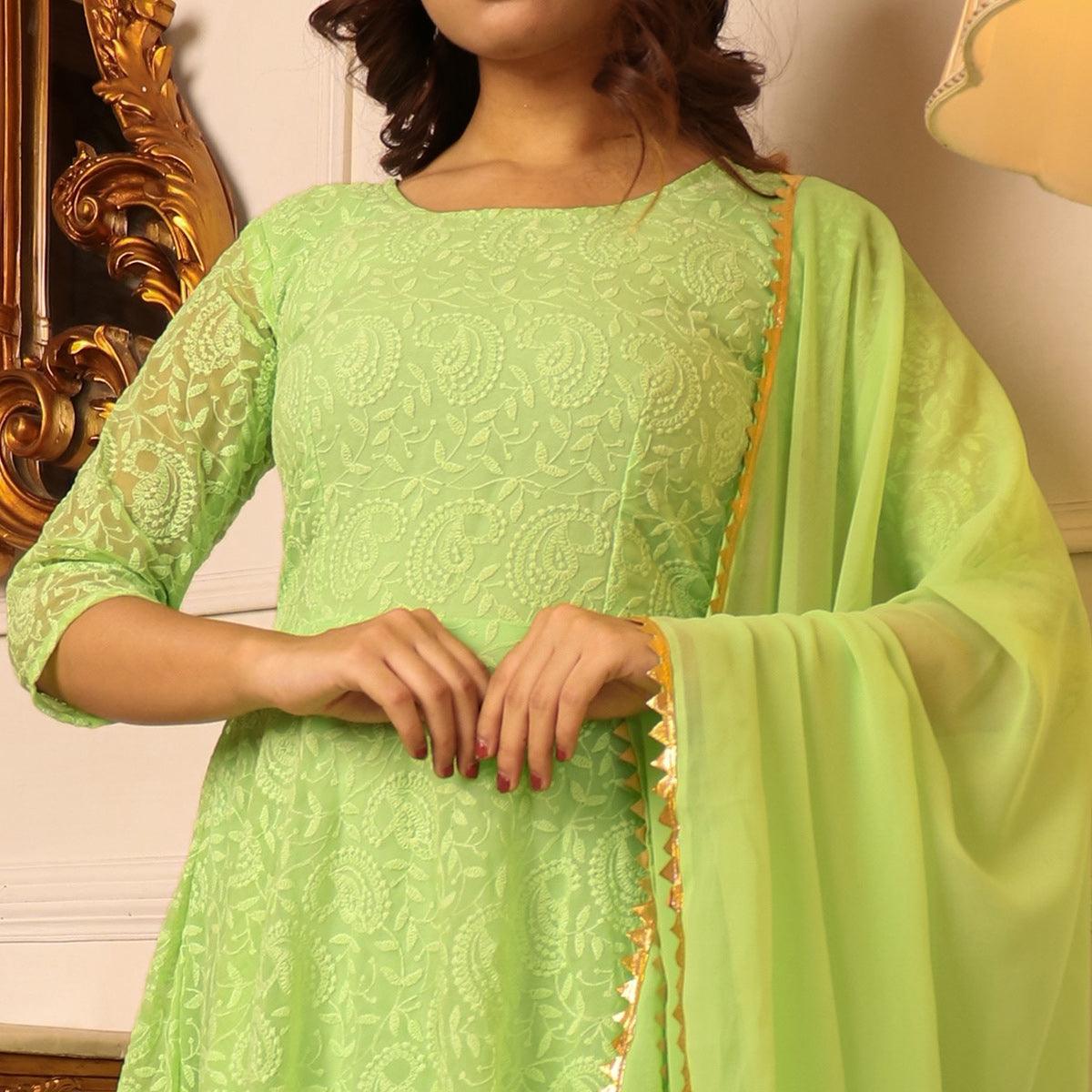 Green Chikankari Work Georgette Gown With Dupatta - Peachmode