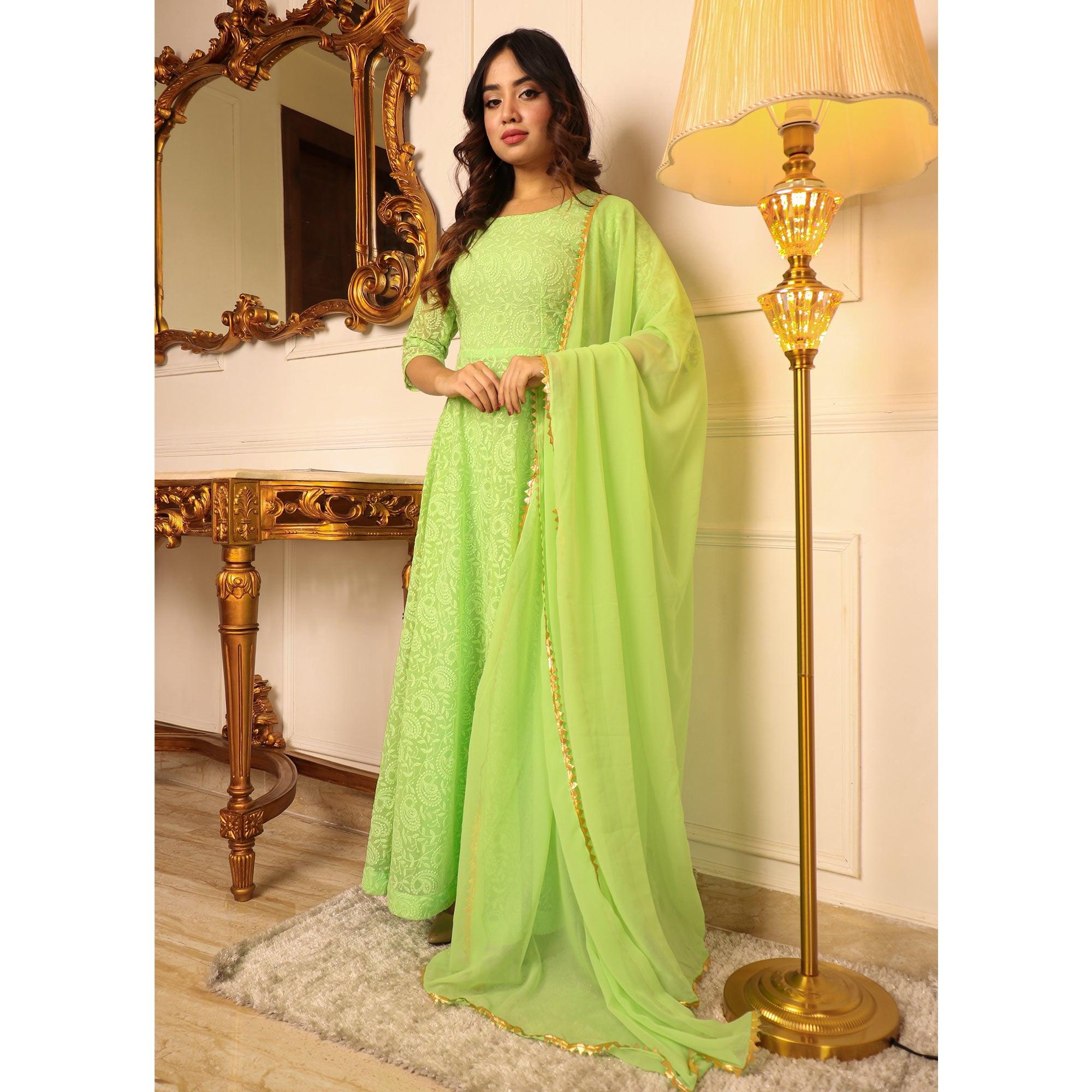 Green Chikankari Work Georgette Gown With Dupatta - Peachmode