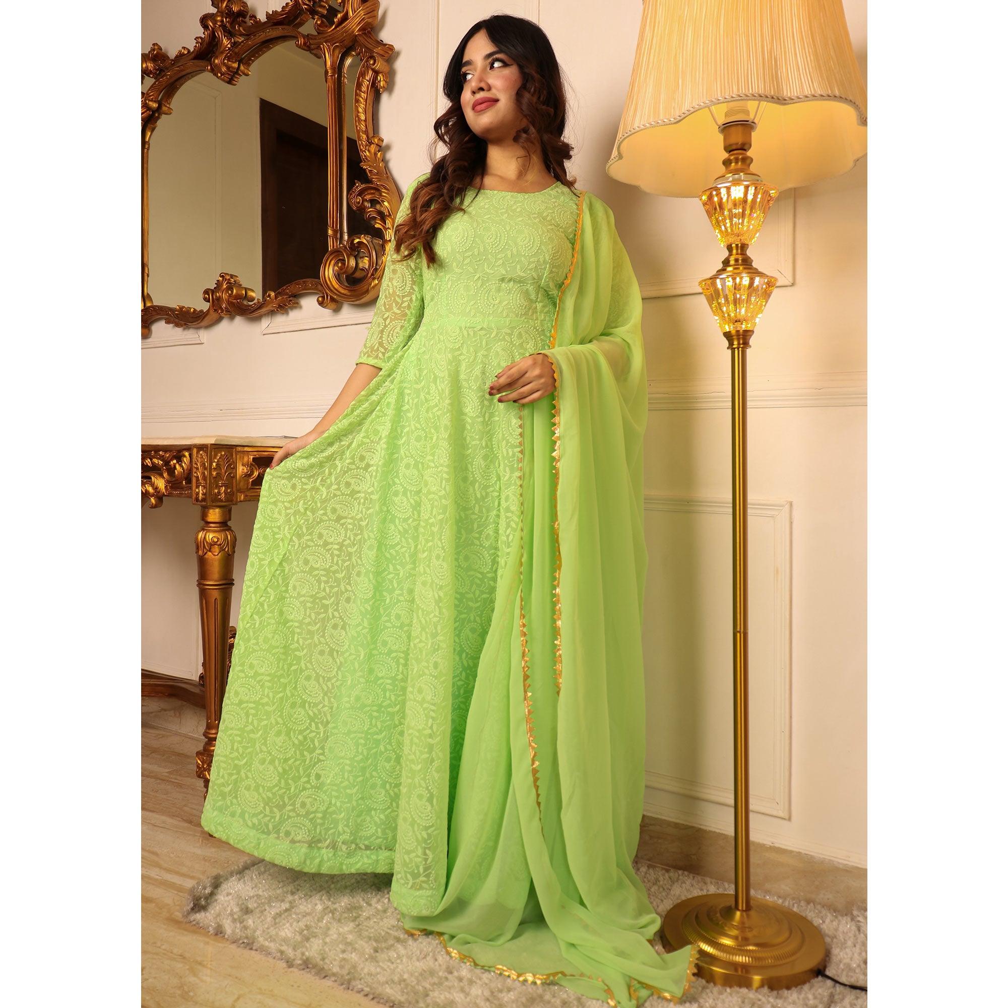 Green Chikankari Work Georgette Gown With Dupatta - Peachmode