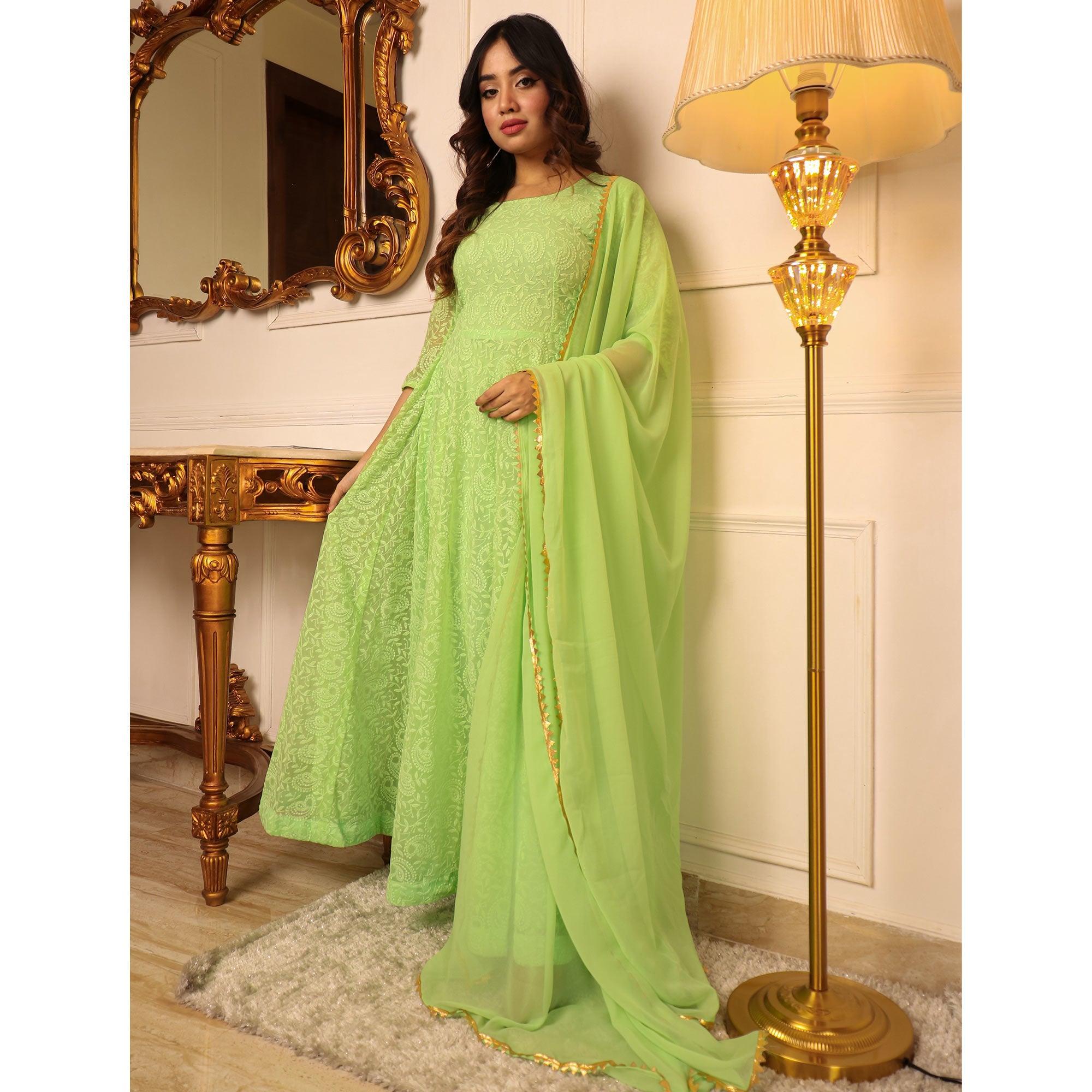 Green Chikankari Work Georgette Gown With Dupatta - Peachmode