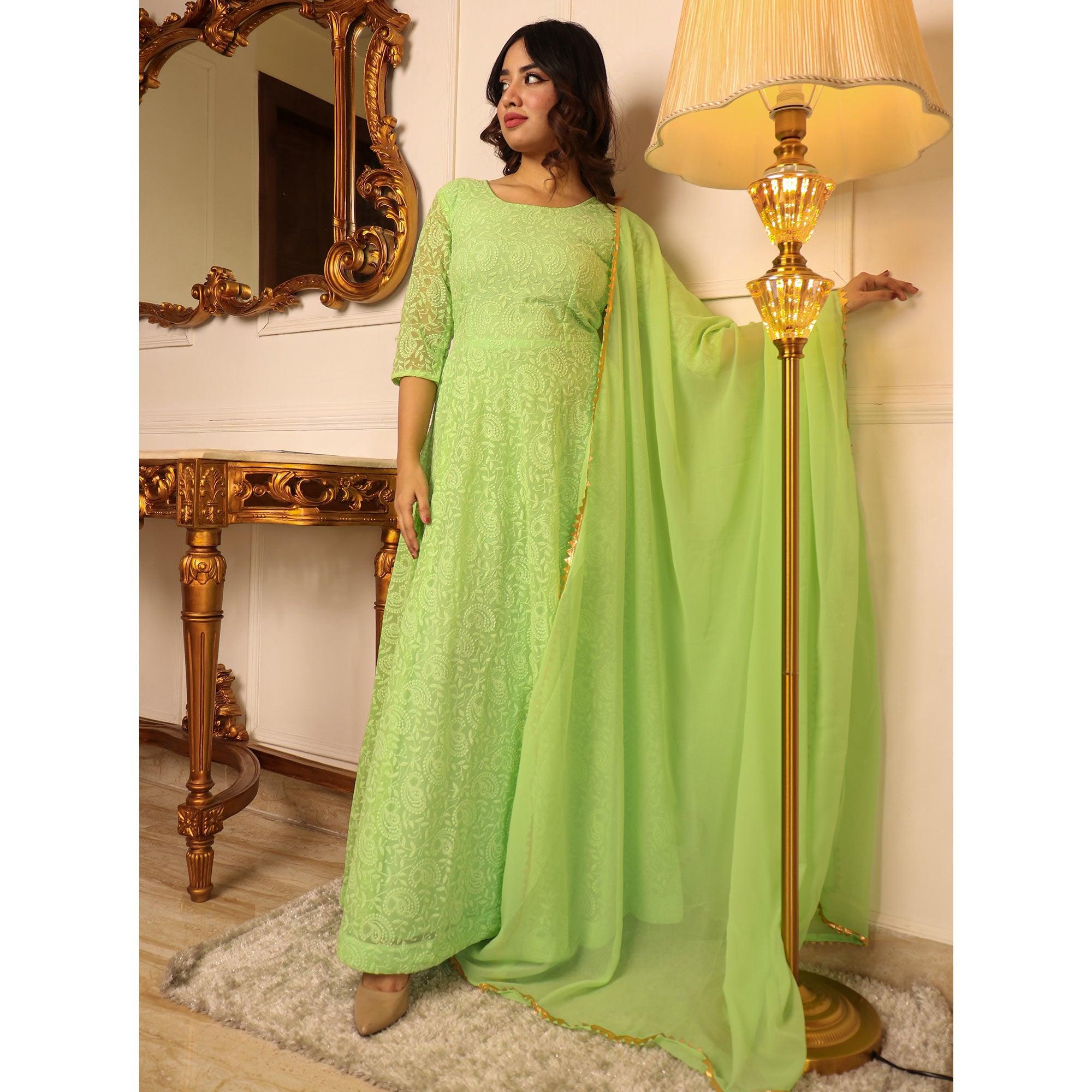 Green Chikankari Work Georgette Gown With Dupatta - Peachmode