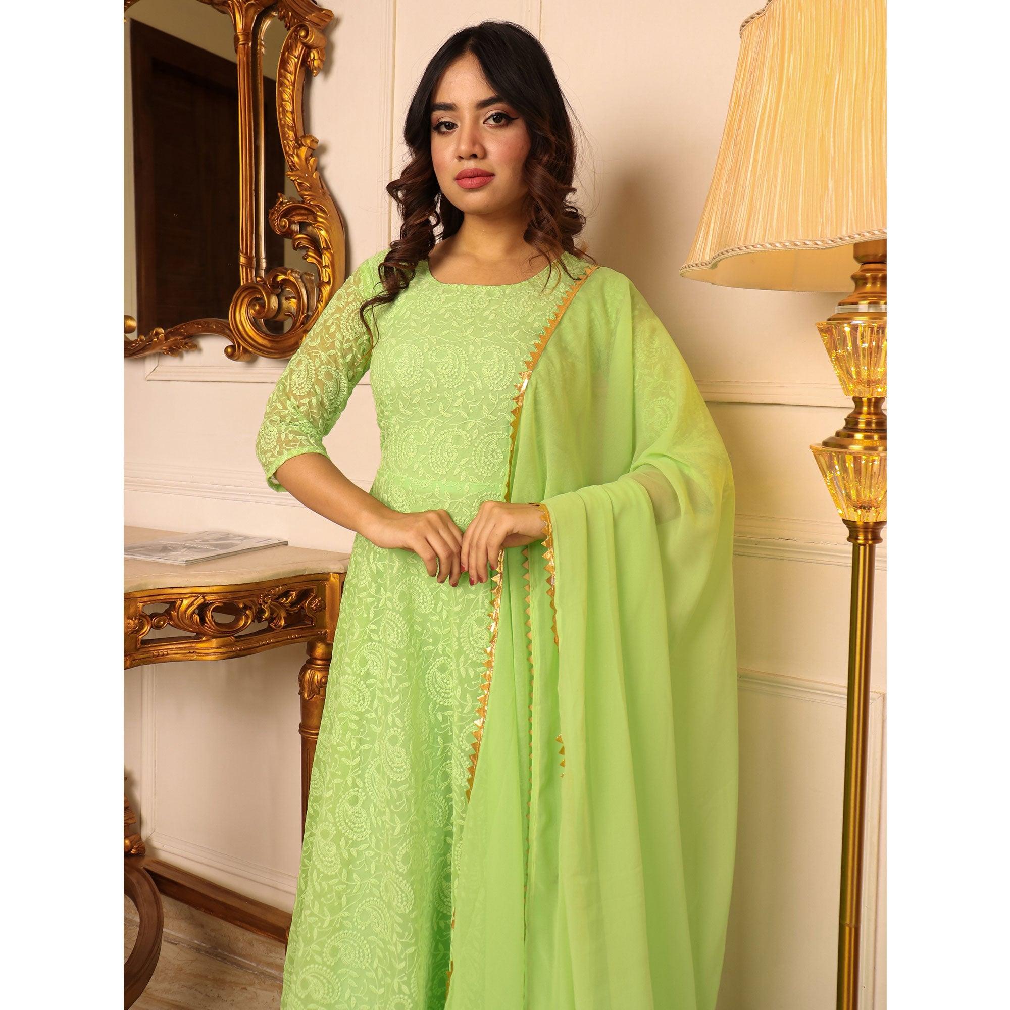 Green Chikankari Work Georgette Gown With Dupatta - Peachmode