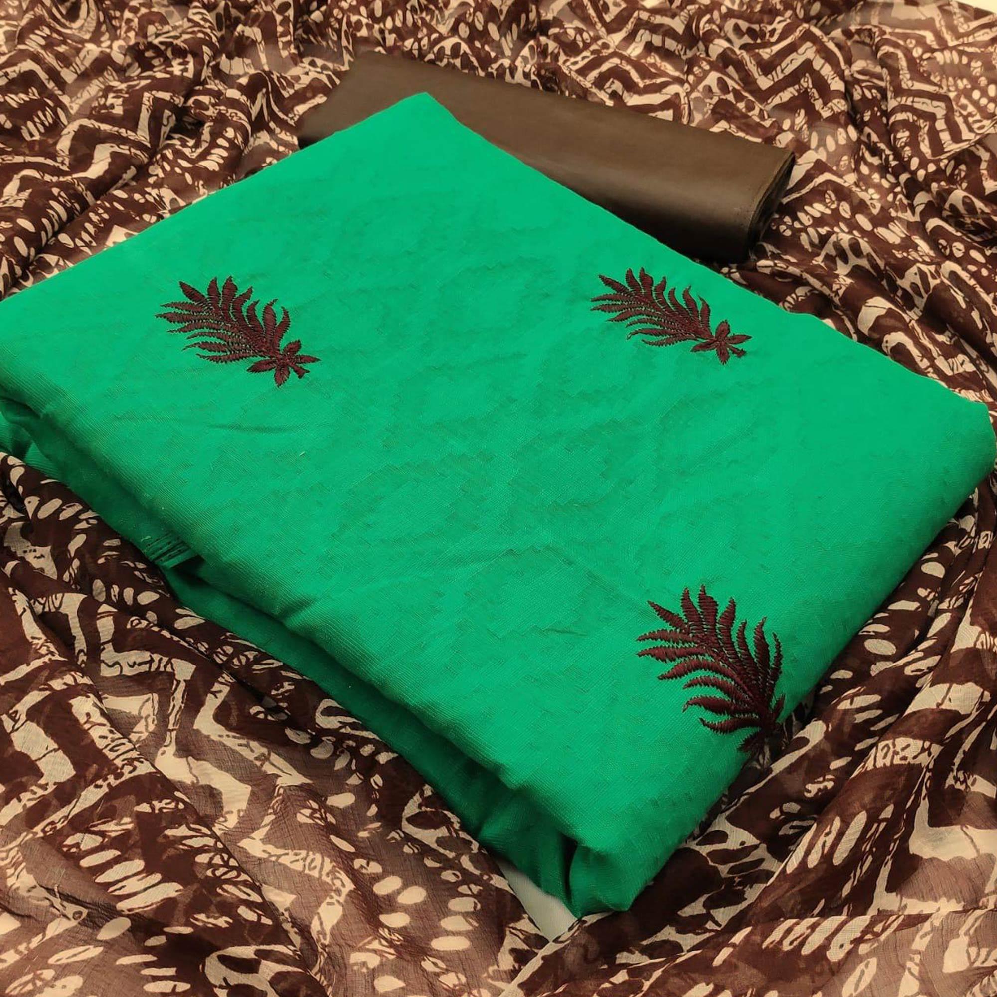 Green Colored Embroidered Casual Wear Jacquard Suit - Peachmode