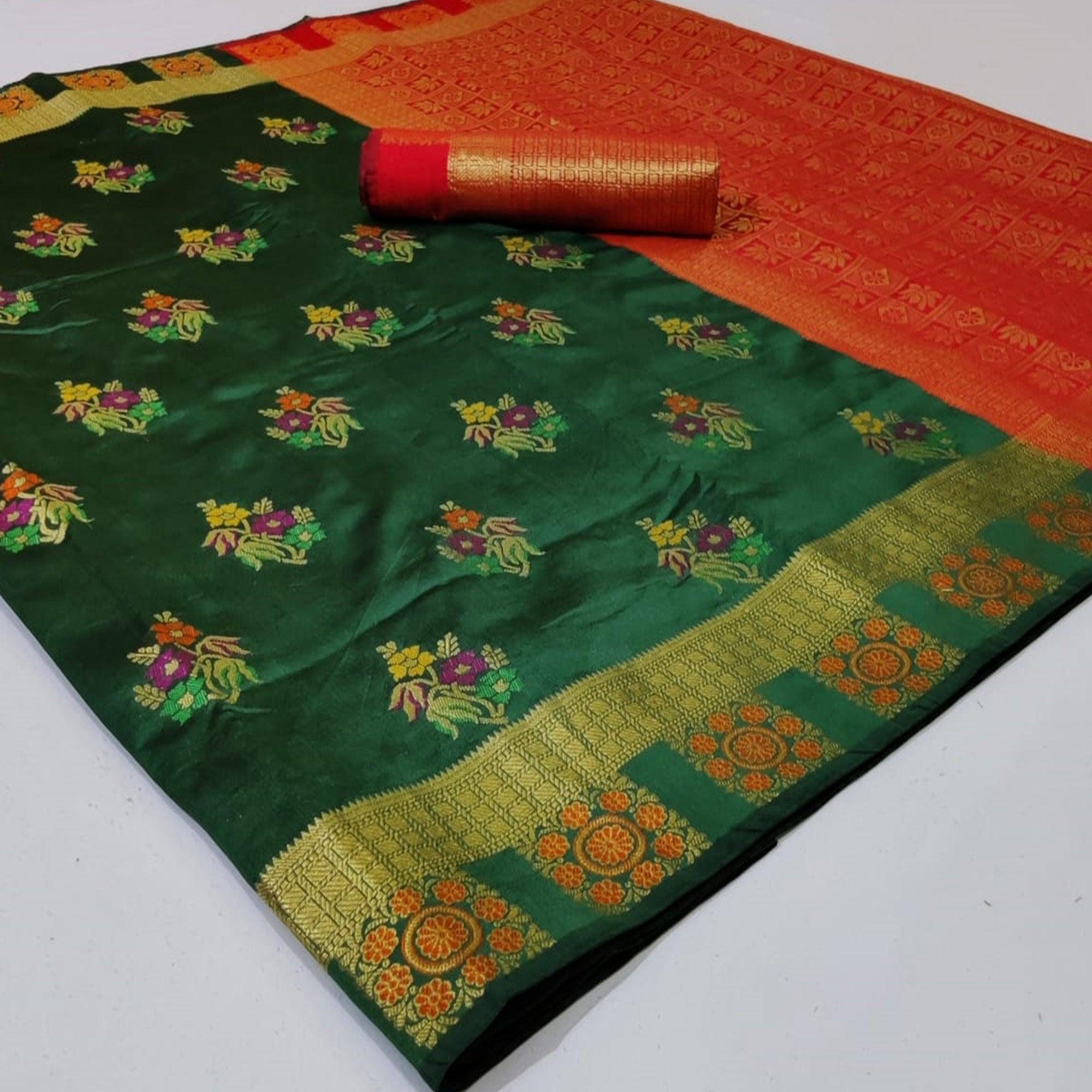 Green Colored Festive Wear Woven Silk Saree - Peachmode
