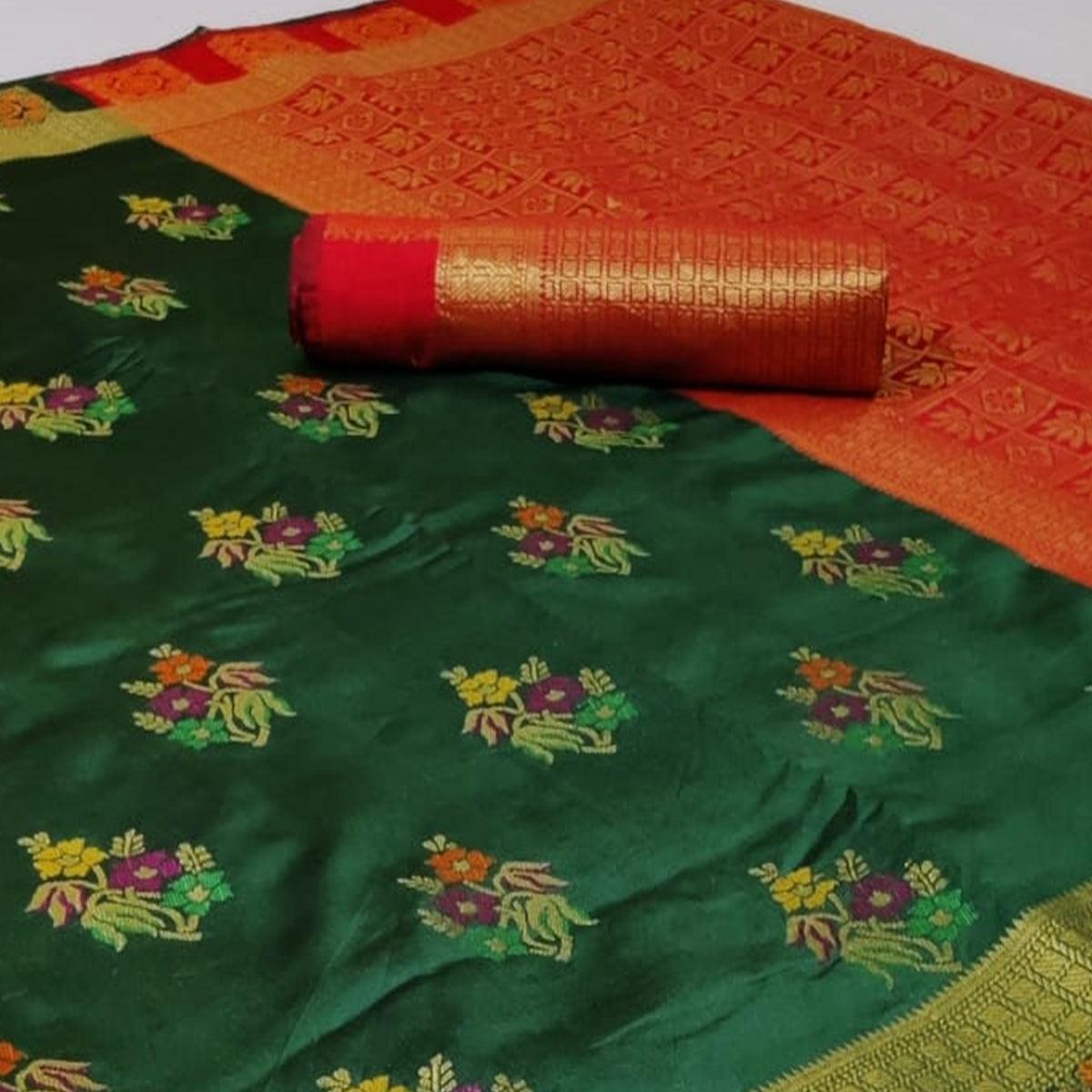 Green Colored Festive Wear Woven Silk Saree - Peachmode