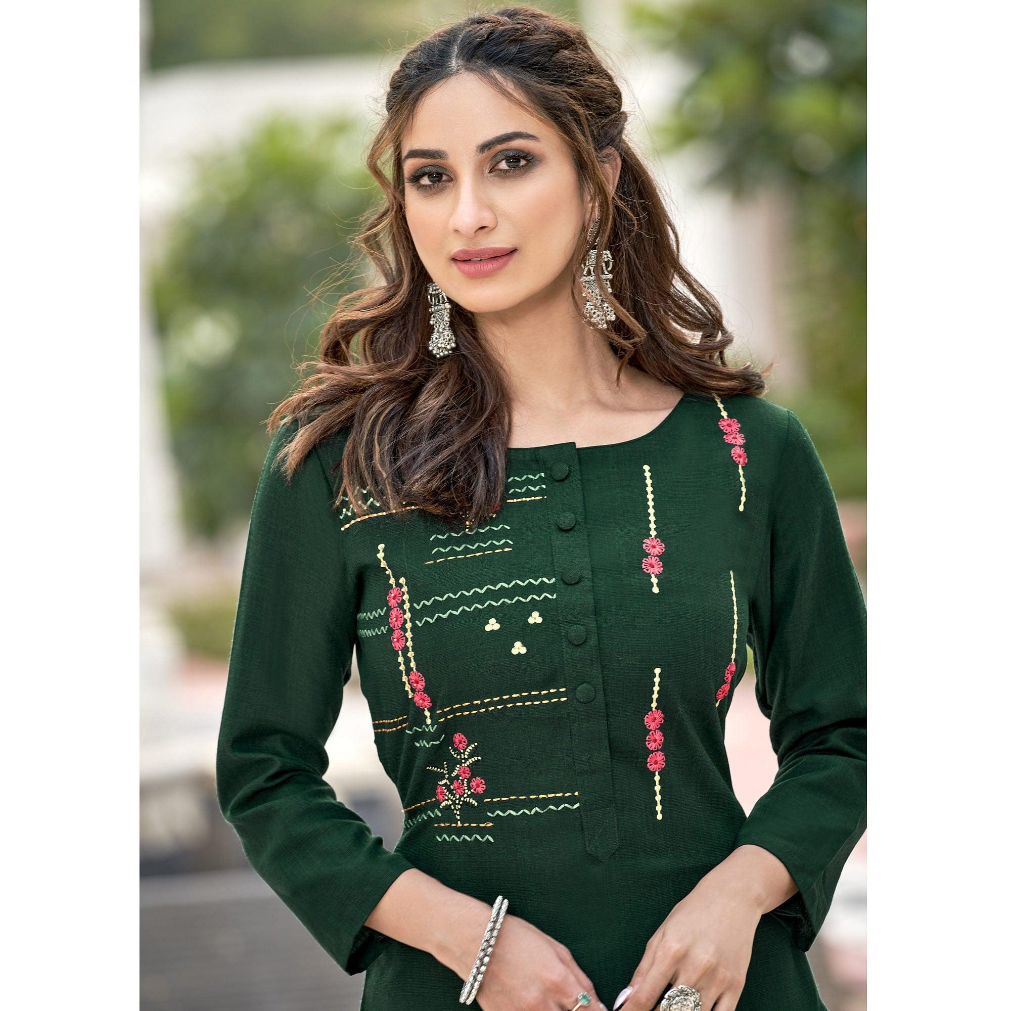 Green Colored Partywear Embroidered Cotton Slub Kurti Palazzo Set - Peachmode