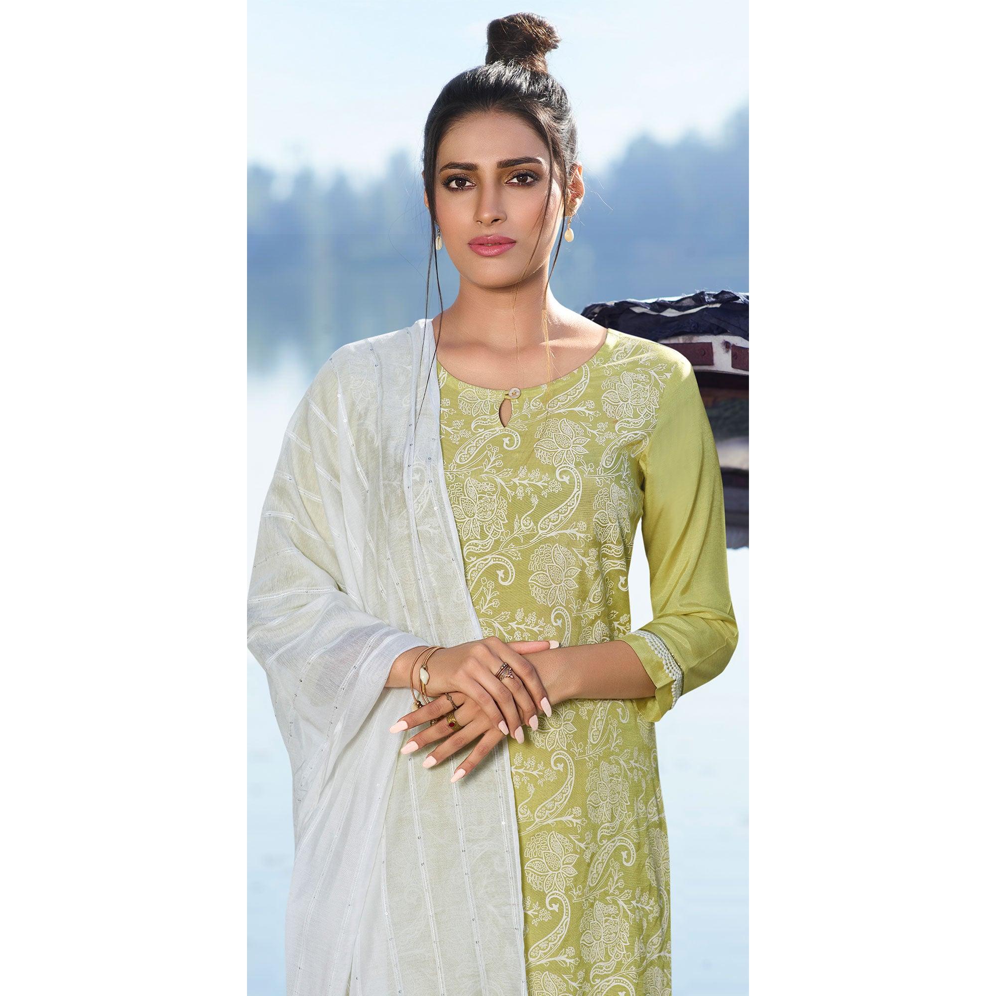 Green Colored Printed Viscose Silk Kurti - Pant Set With Dupatta - Peachmode