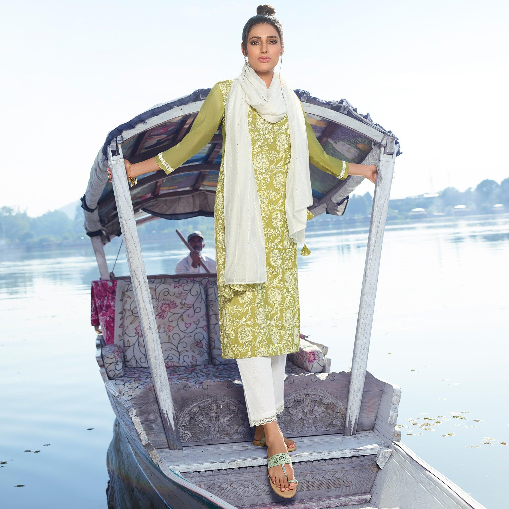 Green Colored Printed Viscose Silk Kurti - Pant Set With Dupatta - Peachmode