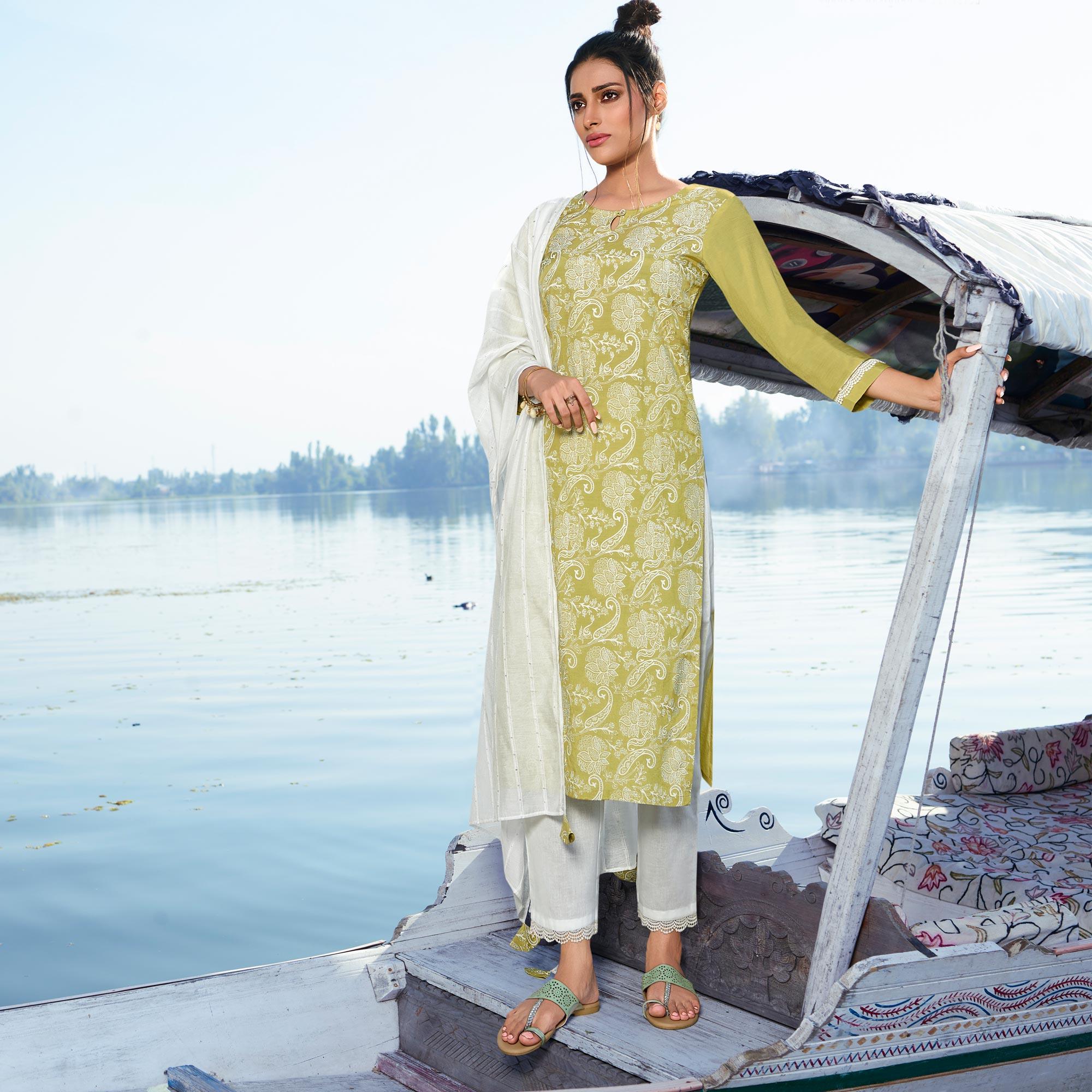 Green Colored Printed Viscose Silk Kurti - Pant Set With Dupatta - Peachmode