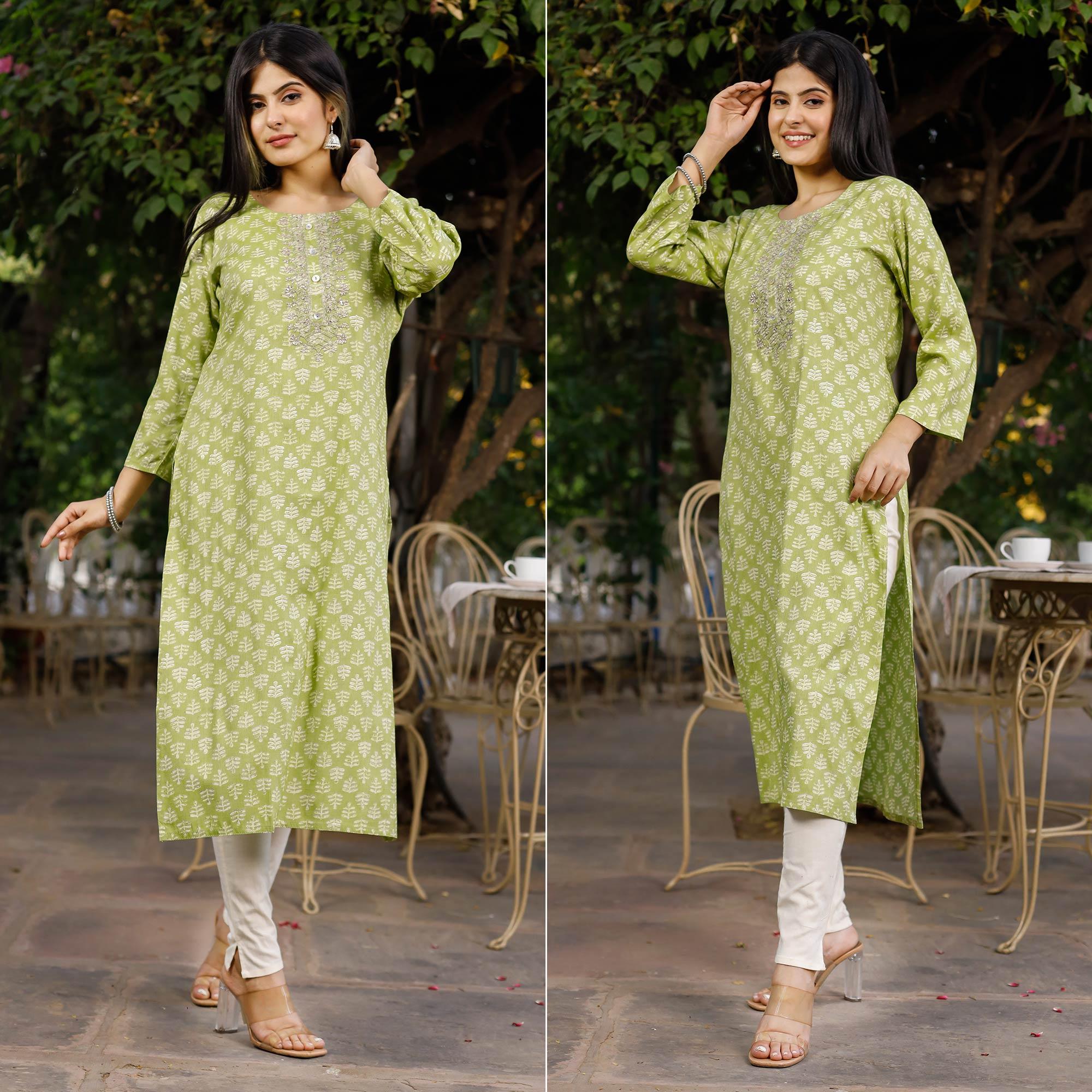Green Crayon Printed Rayon Kurti - Peachmode