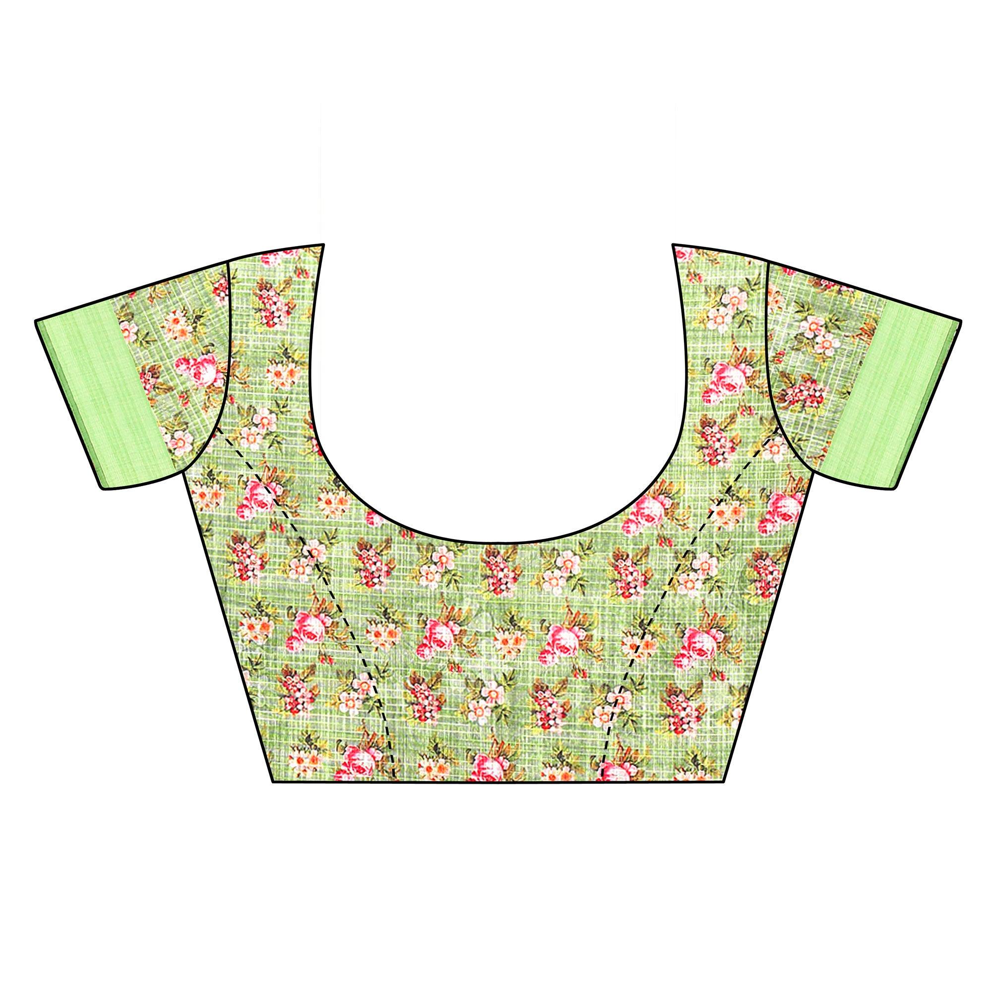 Green-Cream Casual Wear Floral Digital Printed Linen Slub saree - Peachmode