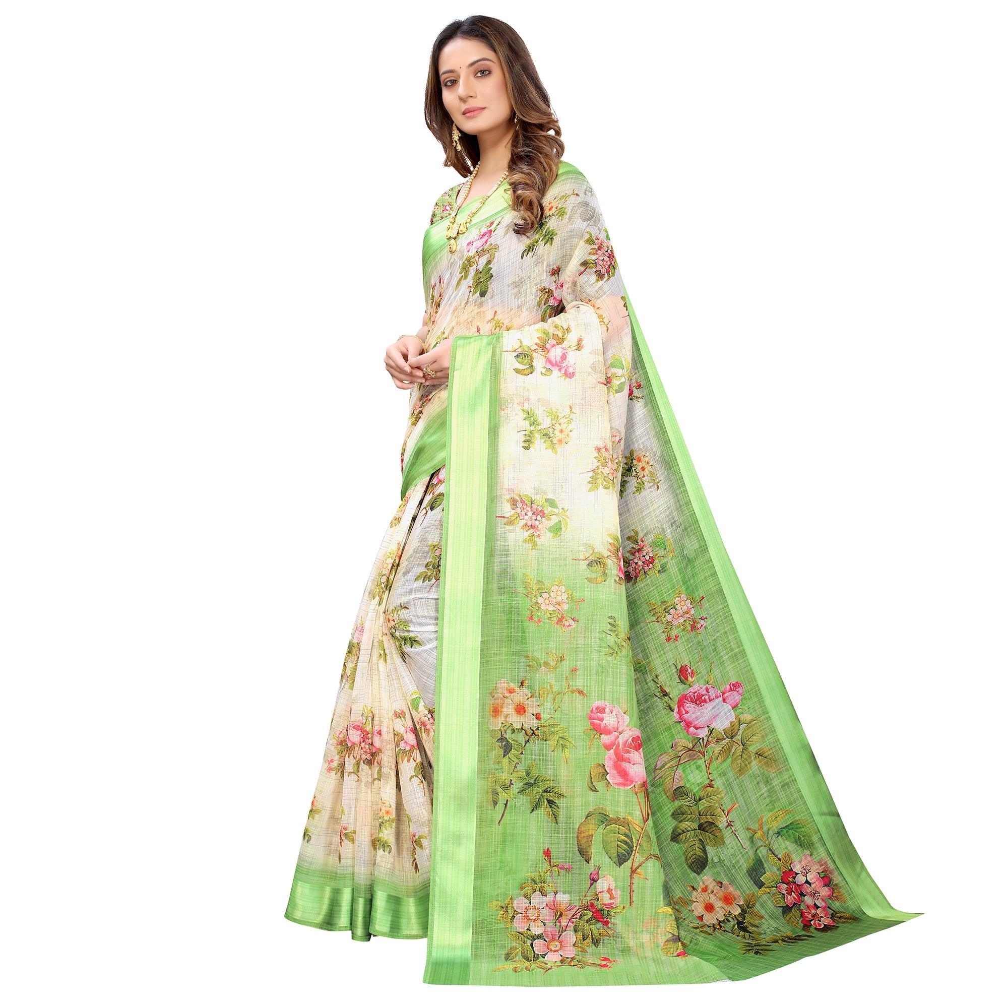 Green-Cream Casual Wear Floral Digital Printed Linen Slub saree - Peachmode