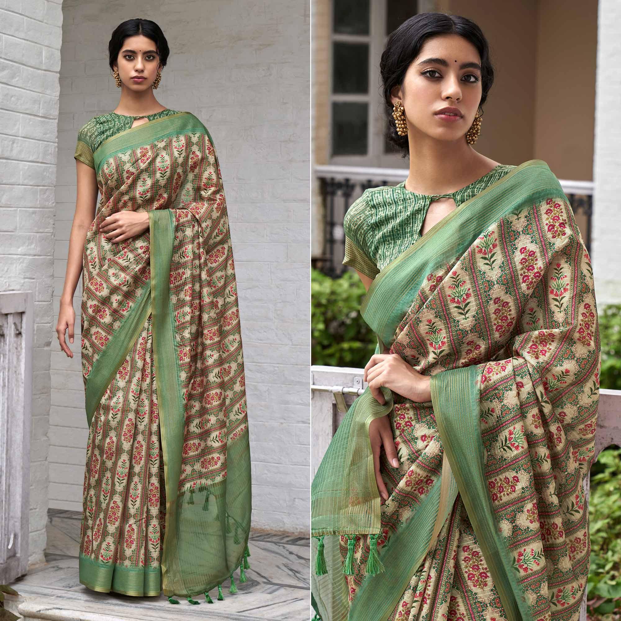 Green-Cream Digital Printed Art Silk Saree - Peachmode
