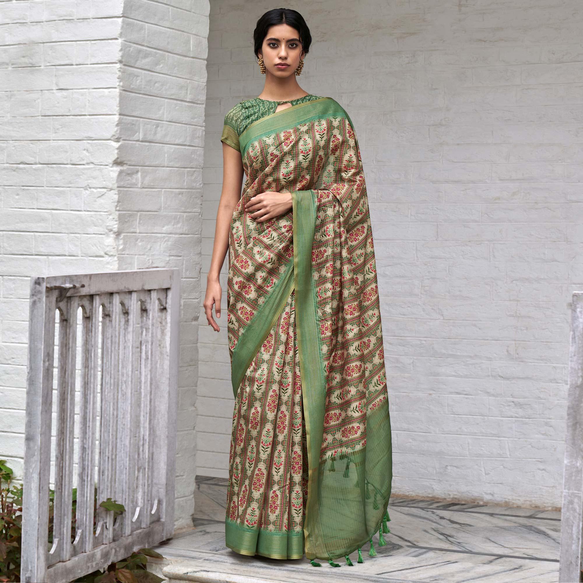 Green-Cream Digital Printed Art Silk Saree - Peachmode