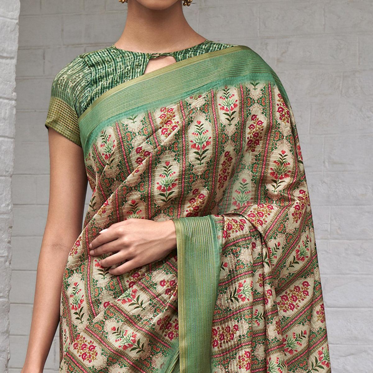 Green-Cream Digital Printed Art Silk Saree - Peachmode