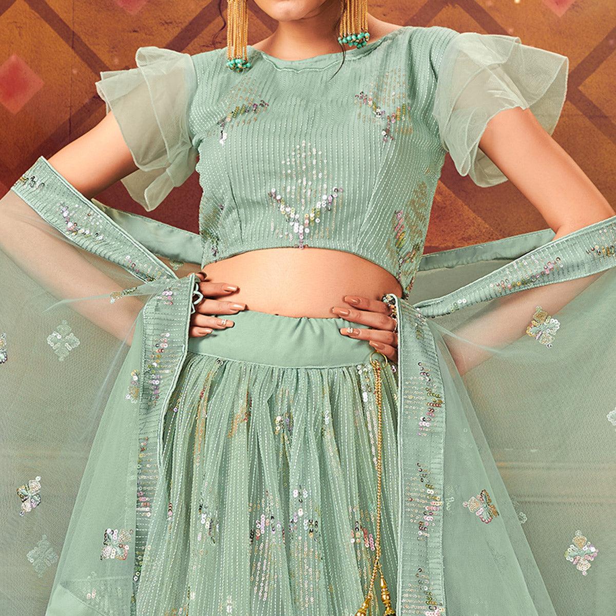 Green Designer Wedding Wear Embroidered Soft Net Lehenga Choli - Peachmode