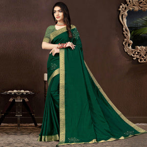 Green Diamond With Woven Fancy Border Vichitra Silk Saree - Peachmode