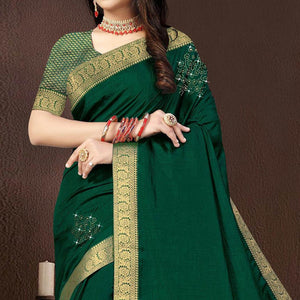 Green Diamond With Woven Fancy Border Vichitra Silk Saree - Peachmode