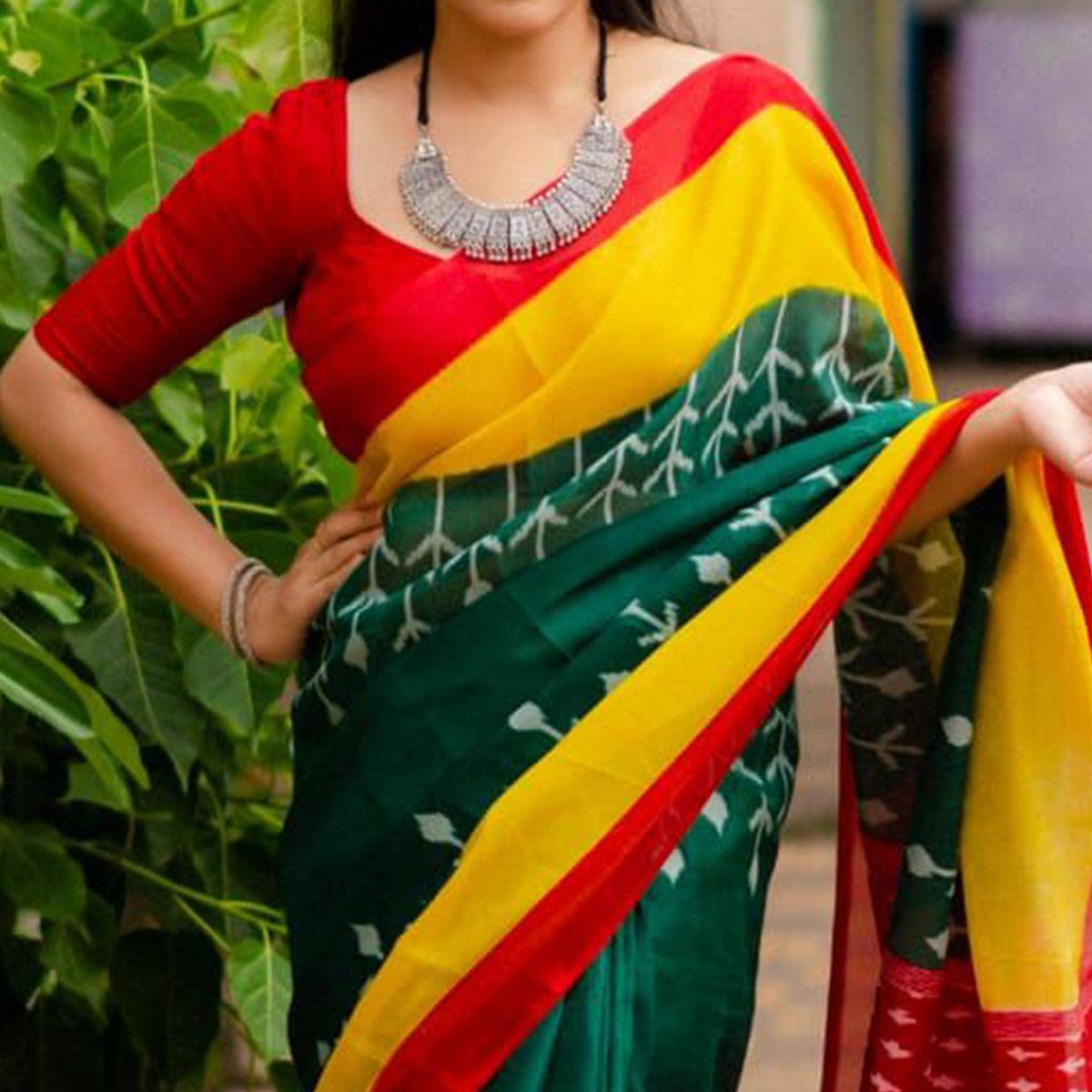 Green Digital Ikkat Printed Linen Saree - Peachmode