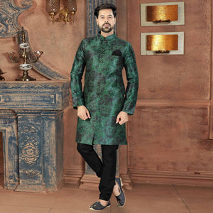 Green Digital Printed Art Silk Men's Kurta Pyjama Set - Peachmode
