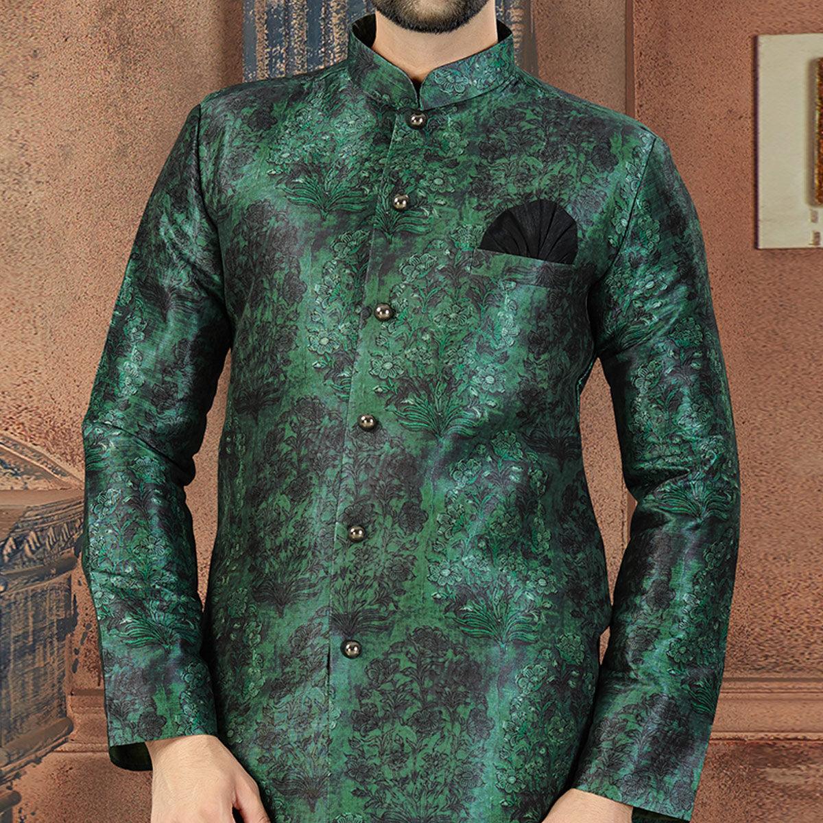 Green Digital Printed Art Silk Men's Kurta Pyjama Set - Peachmode