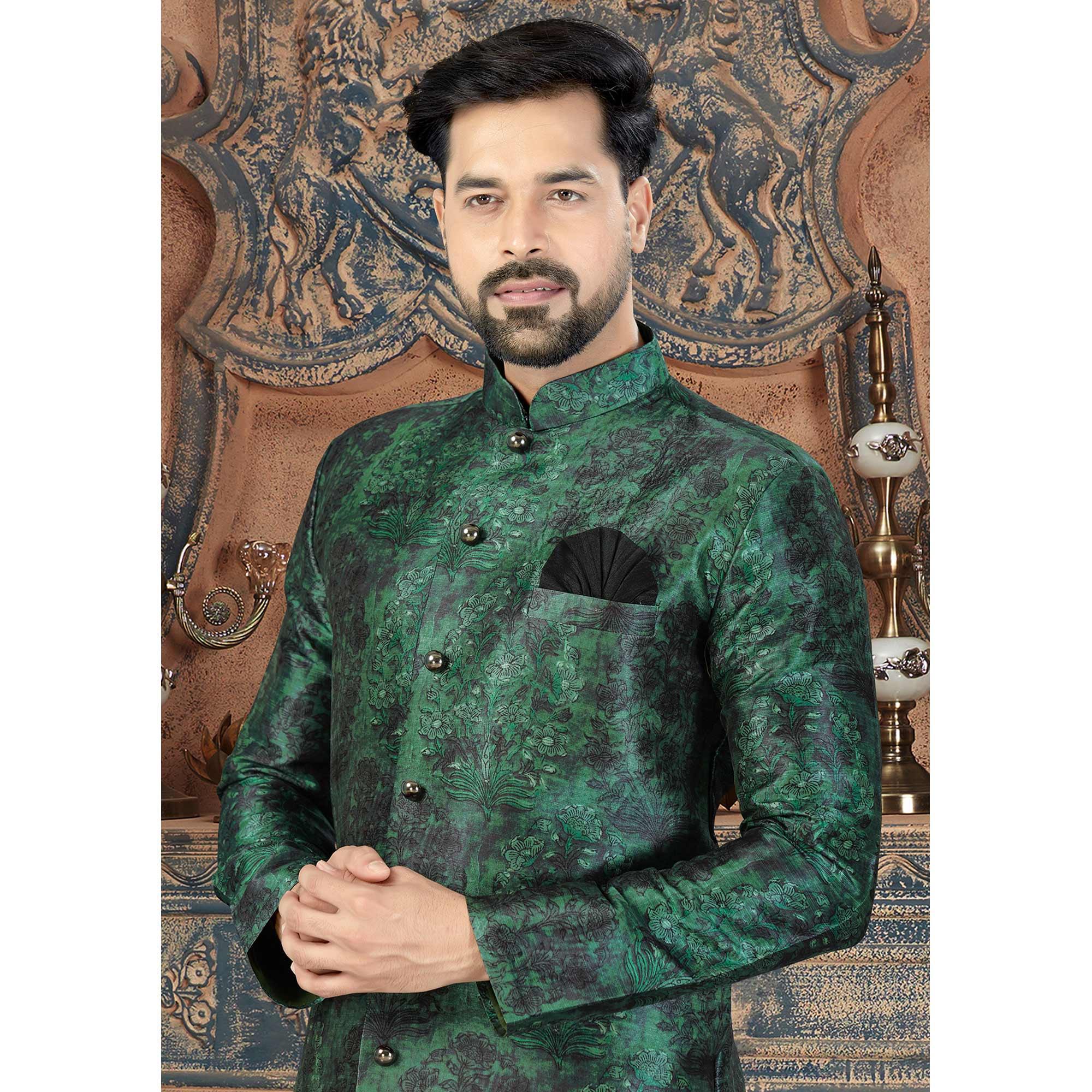 Green Digital Printed Art Silk Men's Kurta Pyjama Set - Peachmode