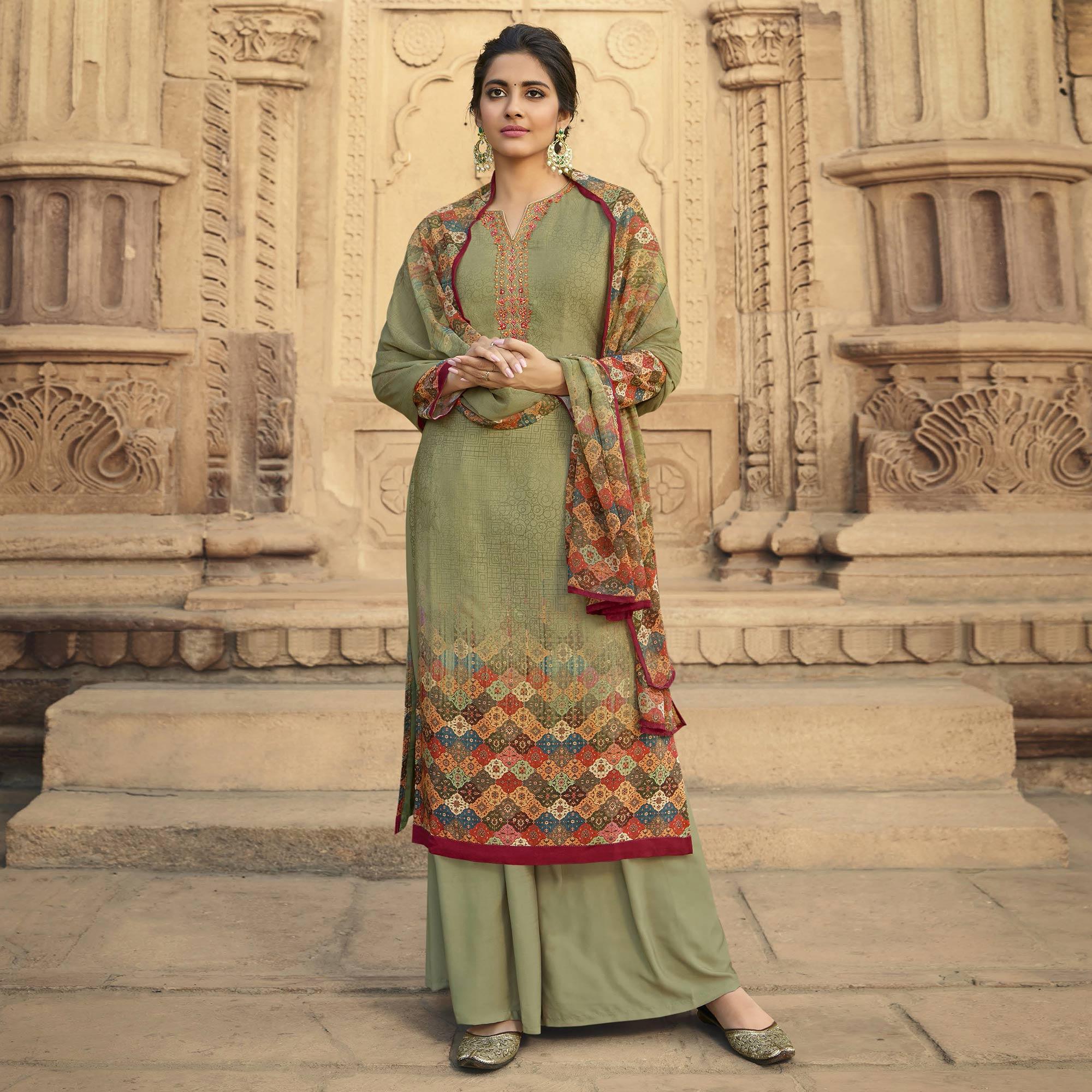 Green Digital Printed Art Silk Palazzo Suit - Peachmode