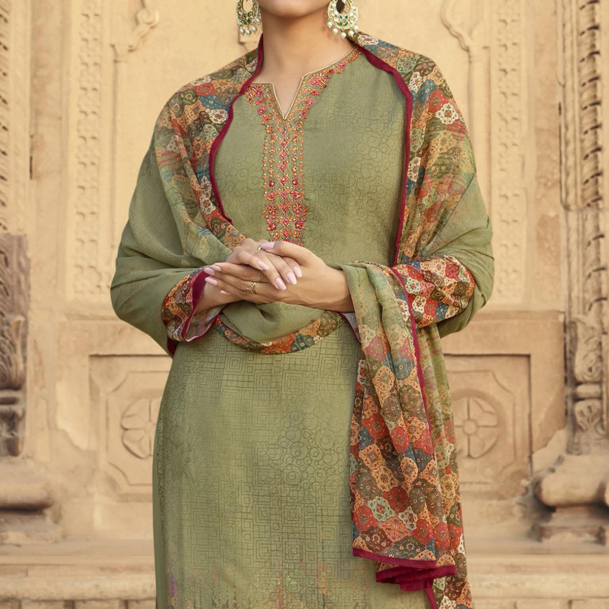 Green Digital Printed Art Silk Palazzo Suit - Peachmode