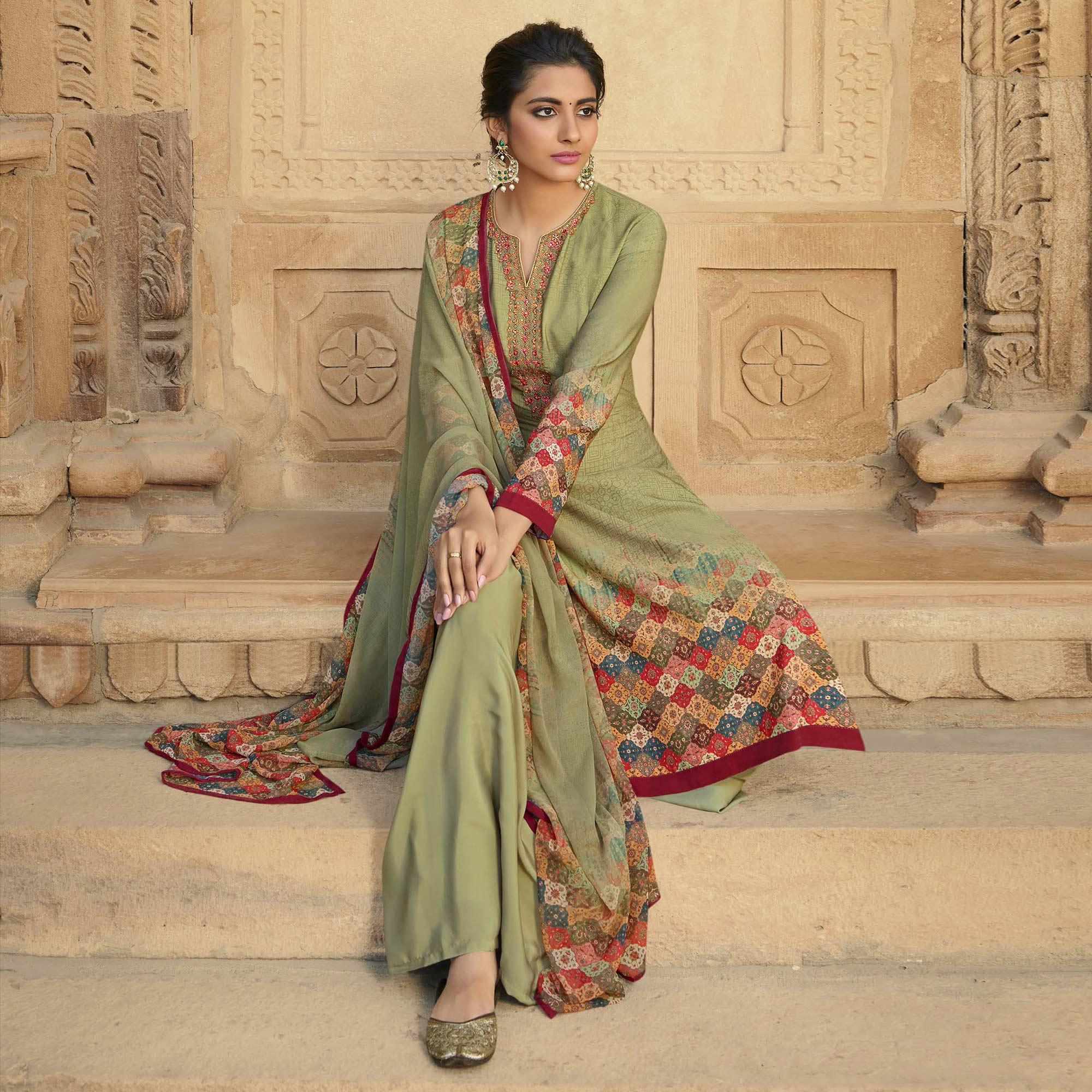 Green Digital Printed Art Silk Palazzo Suit - Peachmode