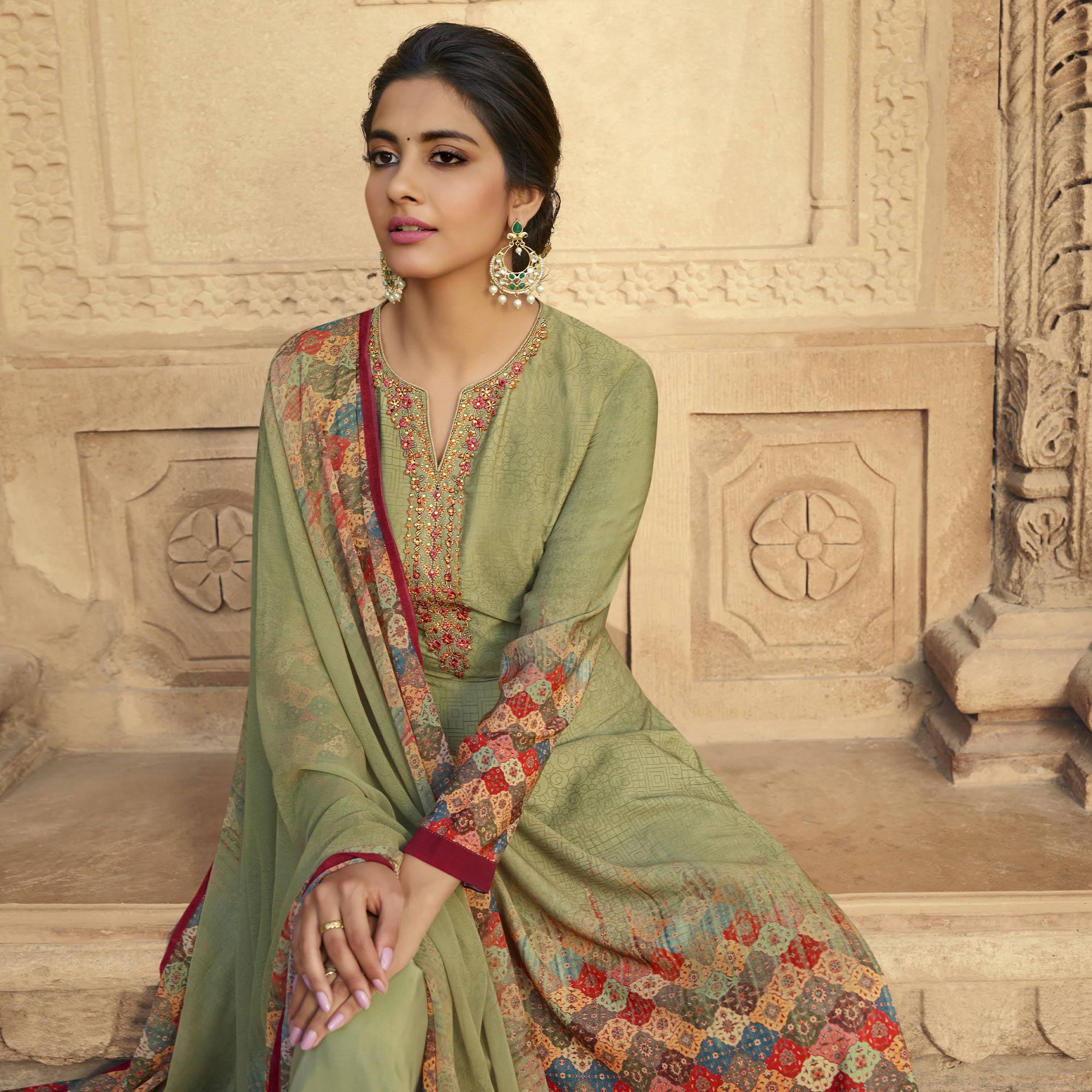 Green Digital Printed Art Silk Palazzo Suit - Peachmode